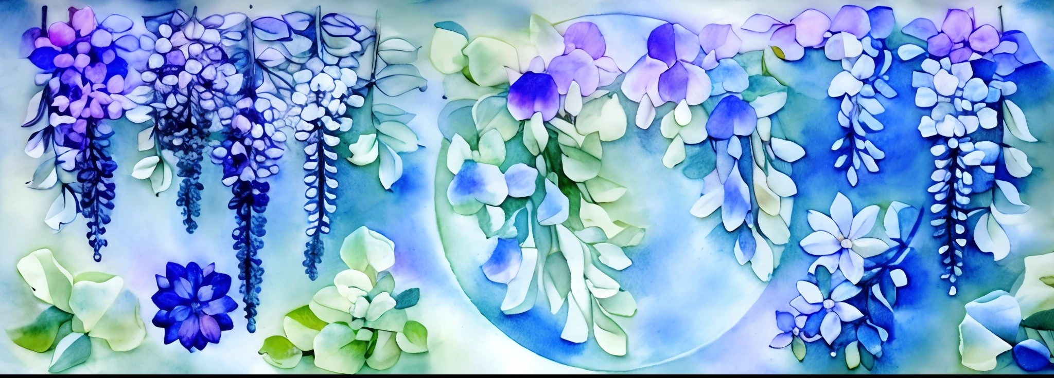 Delicate Watercolor illustration, wisteria flowers, fresh, healing, coloring,Light and shadow,Masked edges,Pastel colors,blue-violet tone