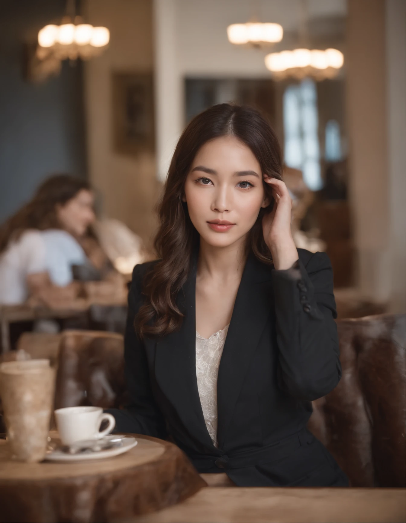 2010s fashion, Gros plan moyen, Canon EF 85mm f/1.2L II USM, A woman was sitting in a café. There was coffee on the table. His hands were under the table, asiatique aux cheveux noires, Focus on facial expression, Mode de rue