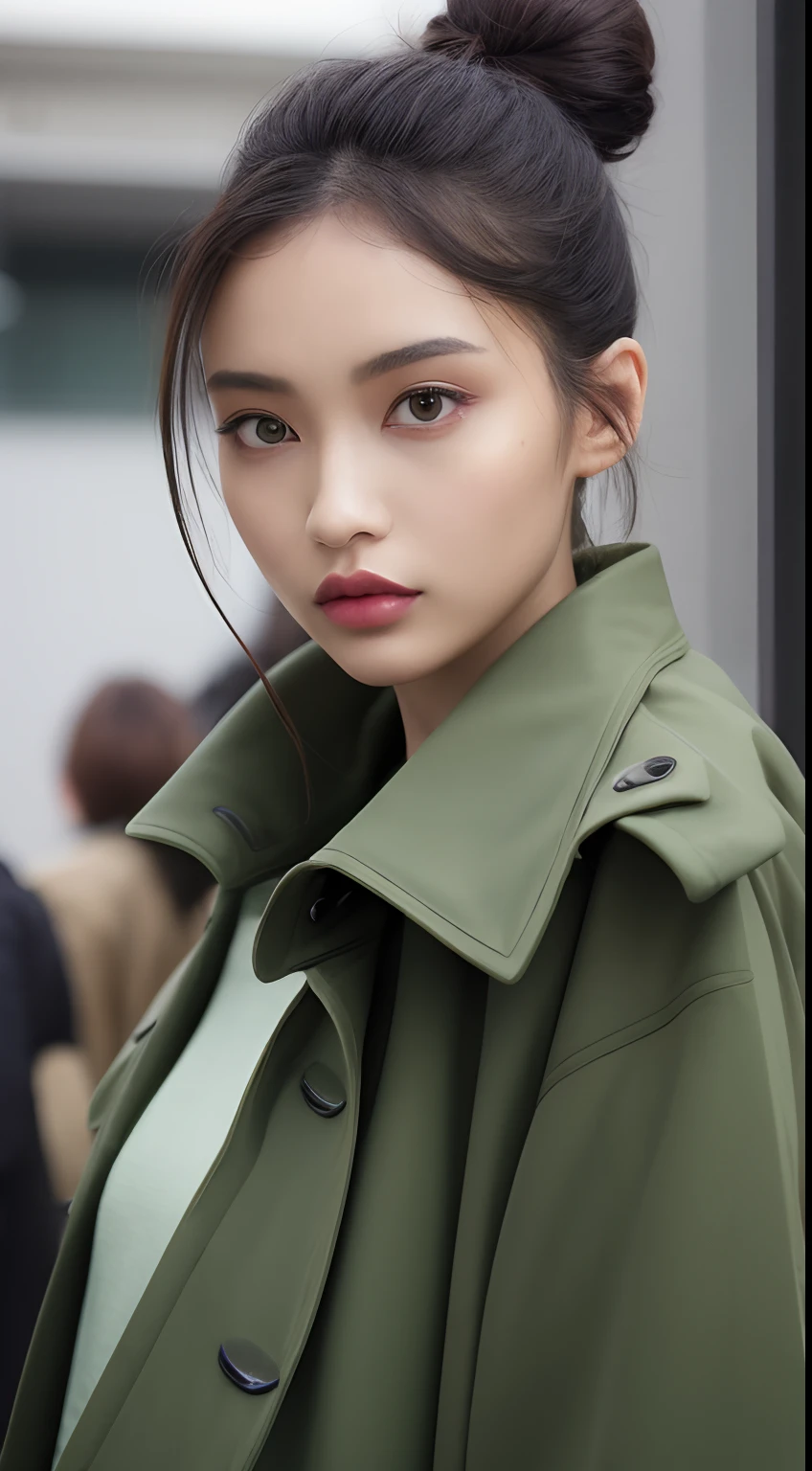 one African model ,Unique hair details, the futurist’s jacket or an deep green trench coat, in the style of virtual and augmented reality, industrial and product design, transparent/translucent medium, full body shot, Hi fashion photo, at Shibuya city, Winter, detailed eyes, double eyelid, plump lips, bun hair, professional makeup, hyper res