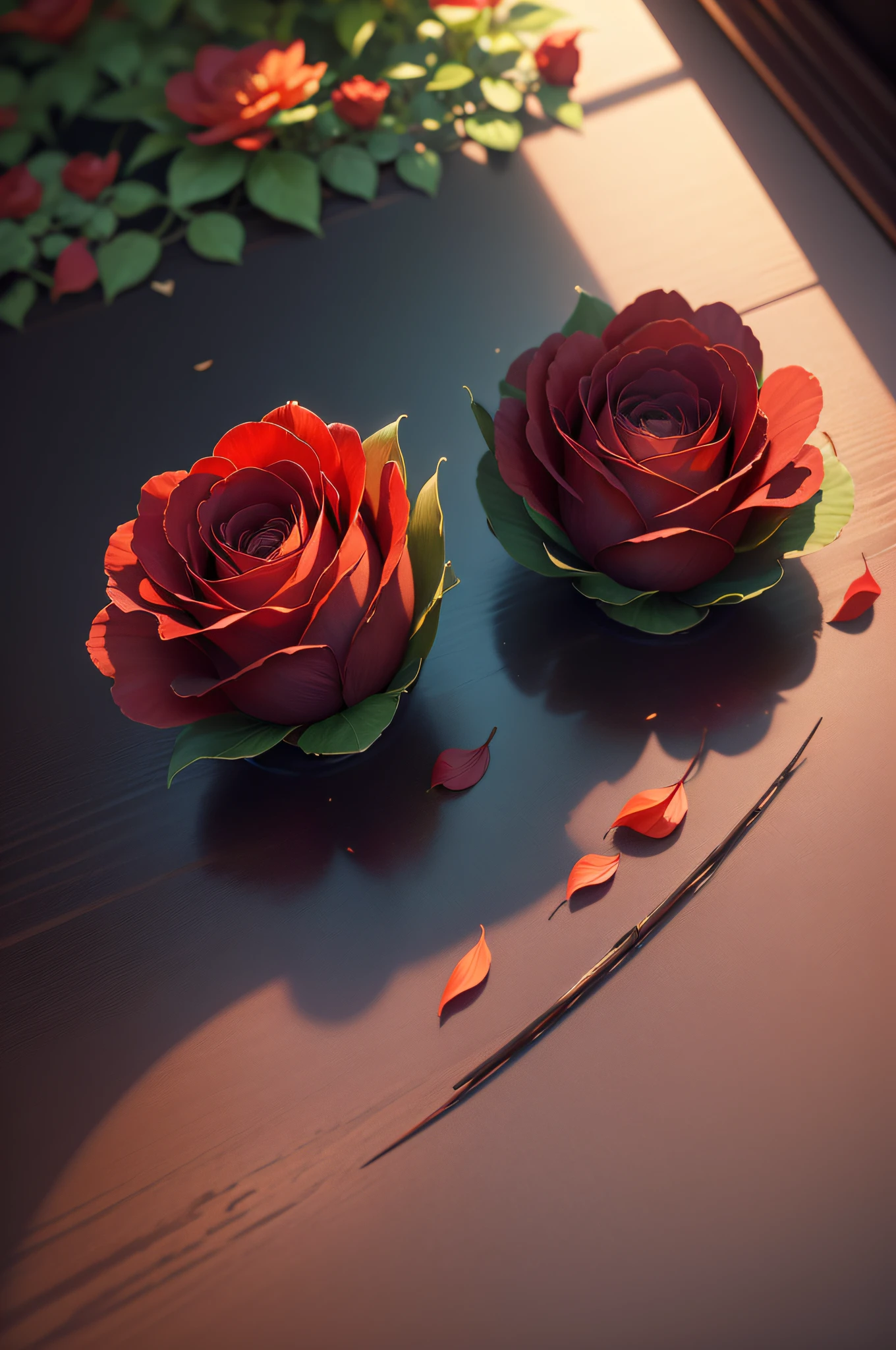 A masterpiece, the best quality, stunning reflections, the best reflections ever. (very detailed CG unity 8k wallpapers), (best quality), (best illustrations), (best shadows), glowing, (natural elements), (glow), (particle effects), Isometric 3D, Octane Rendering, Ray Traced, Super Detailed, two beautiful red roses in full bloom. The petals are bright and vibrant, with the center of each flower being a deep shade of crimson. The leaves are lush and green, providing an attractive contrast to the vivid colors of the flowers. In the background is a white wall, which serves as an ideal backdrop for this stunning display.