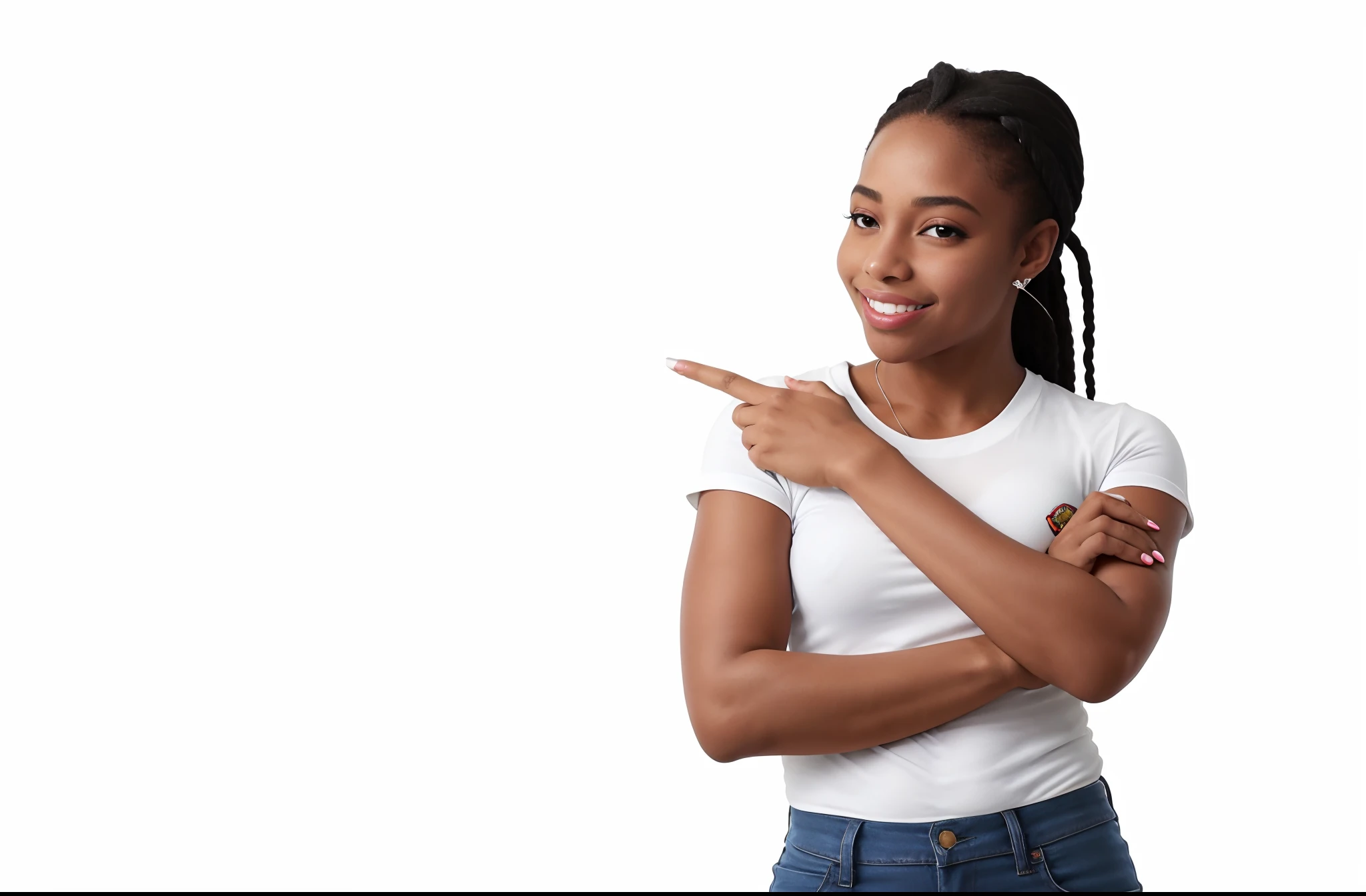 mulher negra camiseta branca apontando o dedo, mulher afro descendente, feliz, sorridente, belos dentes, ebony girl, apontando o dedo indicador