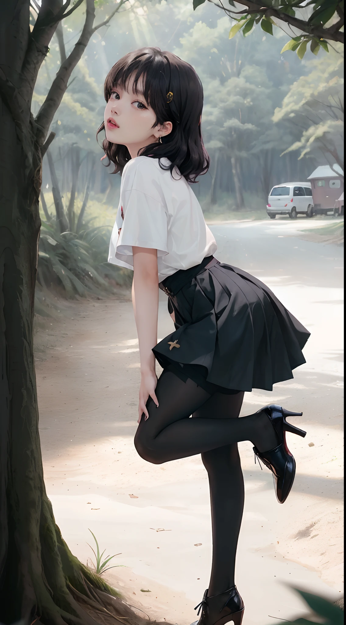 ((Lisa from Blackpink)), t-shirt, tiny pleated skirt, waist-high black tights, high heels, face close-up, very fair skin, short hair, wavy hair, camp, forest, photorealistic, indirect lighting, volumetric light, ray tracing, hyperdetailed, best quality, high resolution, HDR, 8k