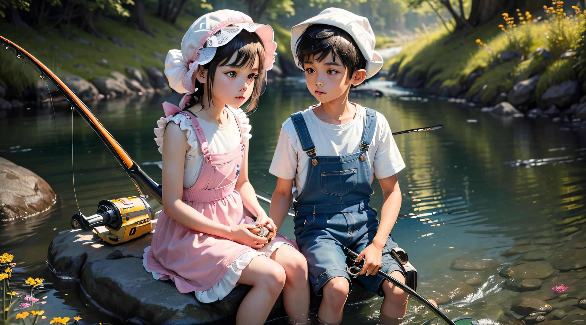 (((masterpiece, best quality, Photo realistic))), (UHD, 8K wallpaper, High resolution), Perfect anatomy, Cinematic lighting, physically-based rendering, award-winning, extremely detailed skin, extra detailed face, eyes with beautiful details, Carl Zeiss 85 mm F/1.4, (1 boy and 1 girl, couple:1.5), Cute , sitting on large rock near creek, (black hair, high ponytail, black eyes, round face), (pink and white fluffy dress with ribbon, pink and white bonnet:1.5), (cute shy expression), (holding handful of wildflowers:1.5), (1 boy is a 3-year-old boy), (a boy and a girl are sitting close to each other on large rock near creek:1.5), a boy is wearing blue overalls with yellow t-shirt, (a boy holds fishing pole:1.5), [full body shot], shot from side,