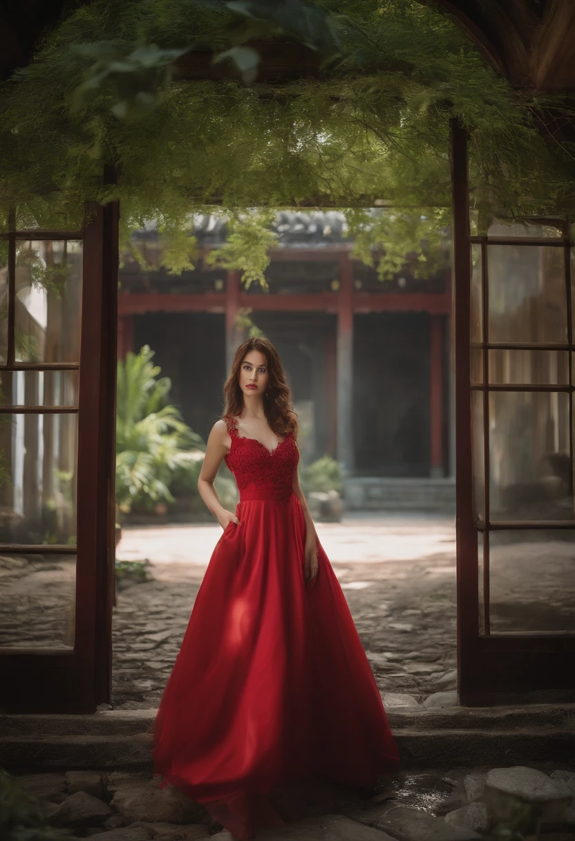 ((top-quality、8K、masterpiece:1.3))、ruined buildings,Abandoned buildings、Broken、dilapidated building、Game Center、Buildings overgrown with plants、creepy atmosphera,Japanese style architecture、puddles、Upper house garden、Sexy Standing Pose,portrait of a full body(1:1),a 18 year old girl,Slender and slender figure,skinny,As thin as a whip post,Smaller bust,Red shoes,Random nudity of the whole body,exhibitionists,face to the viewer