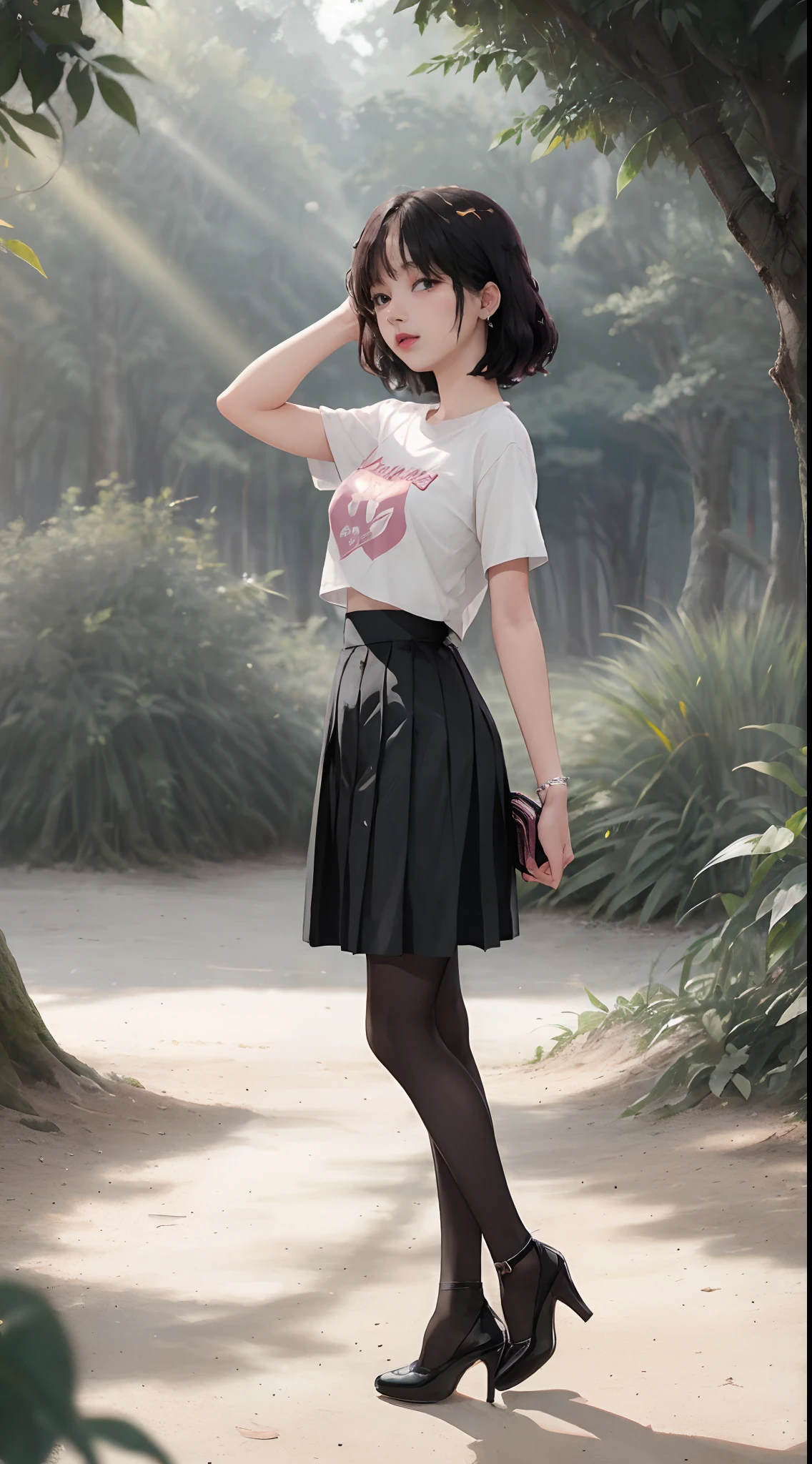 ((Lisa from Blackpink)), t-shirt, tiny pleated skirt, waist-high black tights, high heels, face close-up, very fair skin, short hair, wavy hair, camp, forest, photorealistic, indirect lighting, volumetric light, ray tracing, hyperdetailed, best quality, high resolution, HDR, 8k