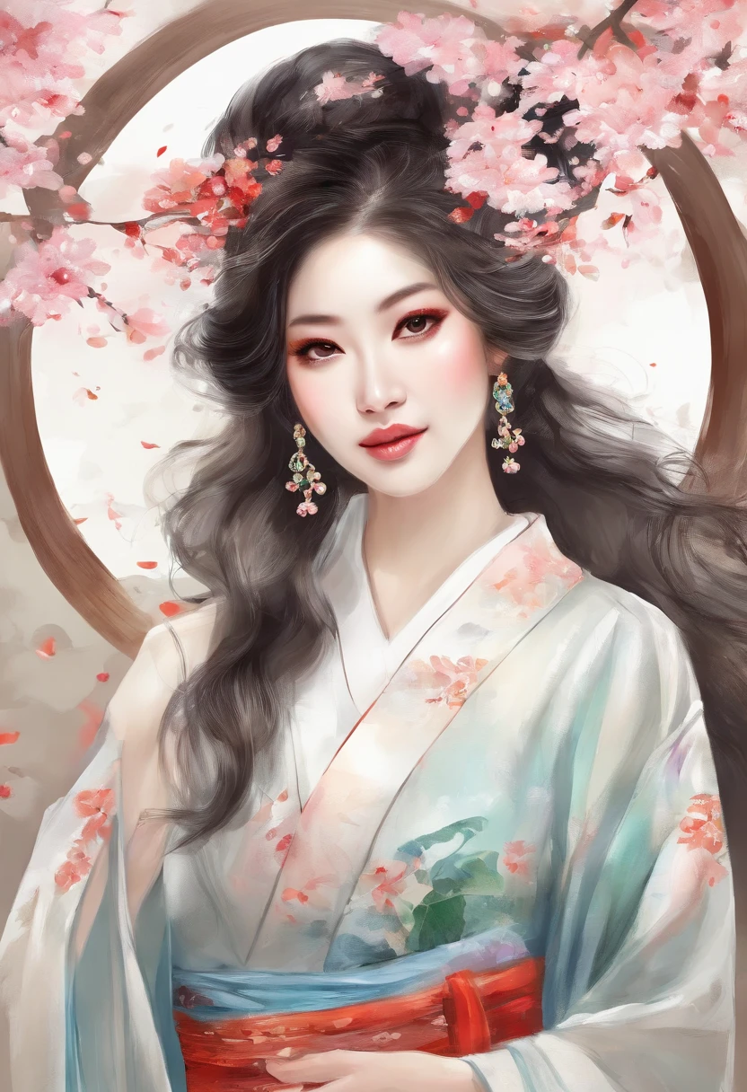 Woman in Japan kimono、Raise and tie your hair、Lots of hair ornaments、white backgrounid、Cherry blossoms fall、((​masterpiece、top-quality、ultra-definition、hight resolution))、、Bare neck and cleavage and shoulders、radiant eyes、perfect  eyes、Japan's beautiful sister、high-level image quality、4K、Detailed body、(illstration)、