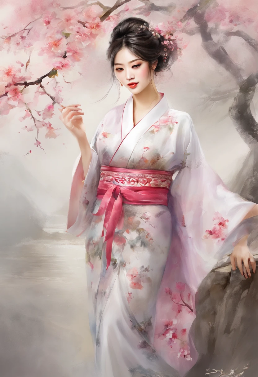 Woman in Japan kimono、Raise and tie your hair、Lots of hair ornaments、white backgrounid、Cherry blossoms fall、((masterpiece、top-quality、ultra-definition、hight resolution))、、Bare neck and cleavage and shoulders、radiant eyes、perfect eyes、Japan's beautiful sister、high-level image quality、4K、Detailed body、(illstration)、