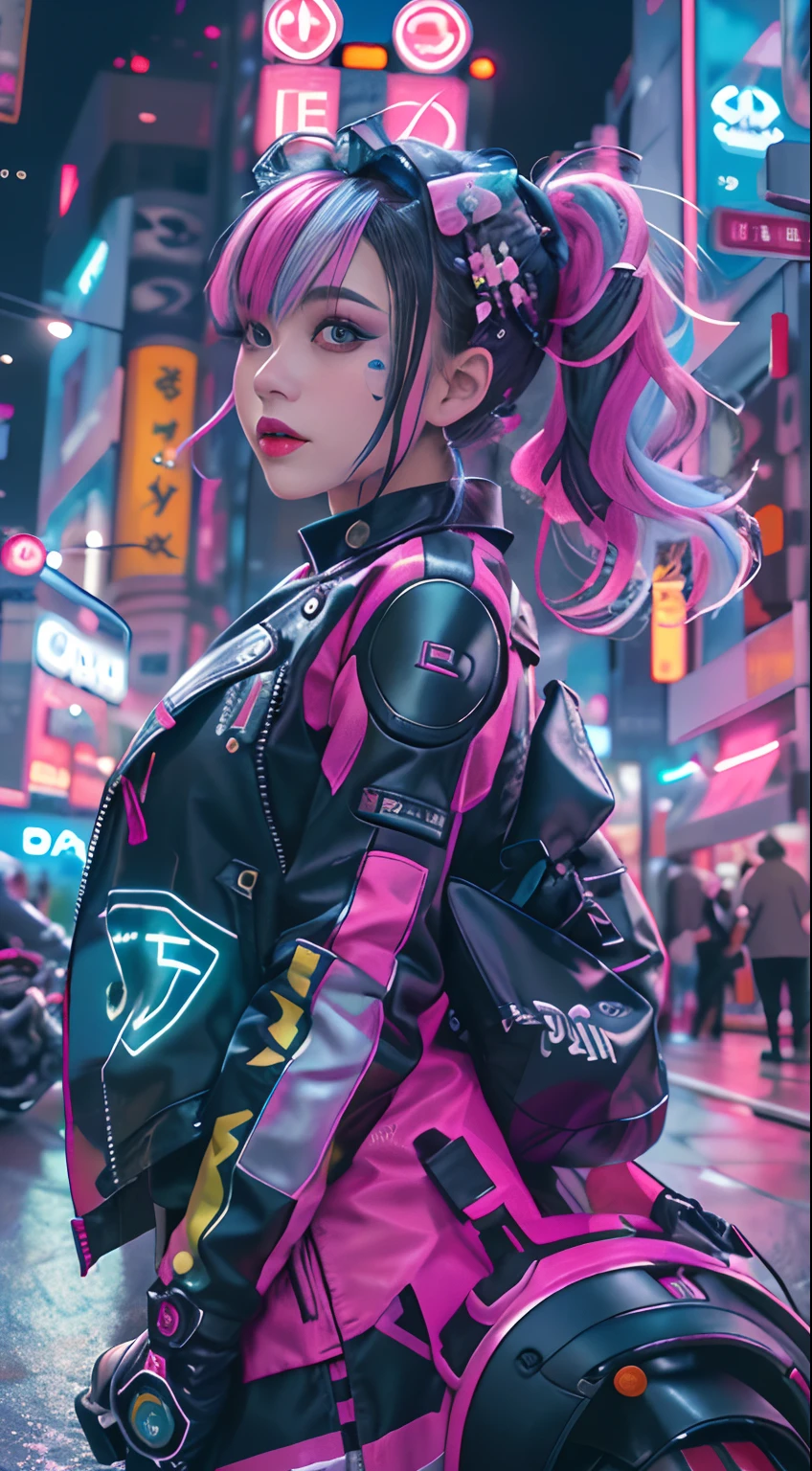 Masterpiece, Best quality, Confident cyberpunk girl, Full body shot, ((Stand in front of the motorcycle)), Popular costumes in Harajuku style, Bold colors and patterns, Eye-catching accessories, Trendy and innovative hairstyle, Vibrant makeup, Cyberpunk's dazzling cityscape, skyscrapper, Neon signs, LED lights, Bright and vivid color scheme, anime big breast, illustration, Detailed skin texture, Detailed cloth texture, Beautiful detailed face, Intricate details, Ultra detailed.