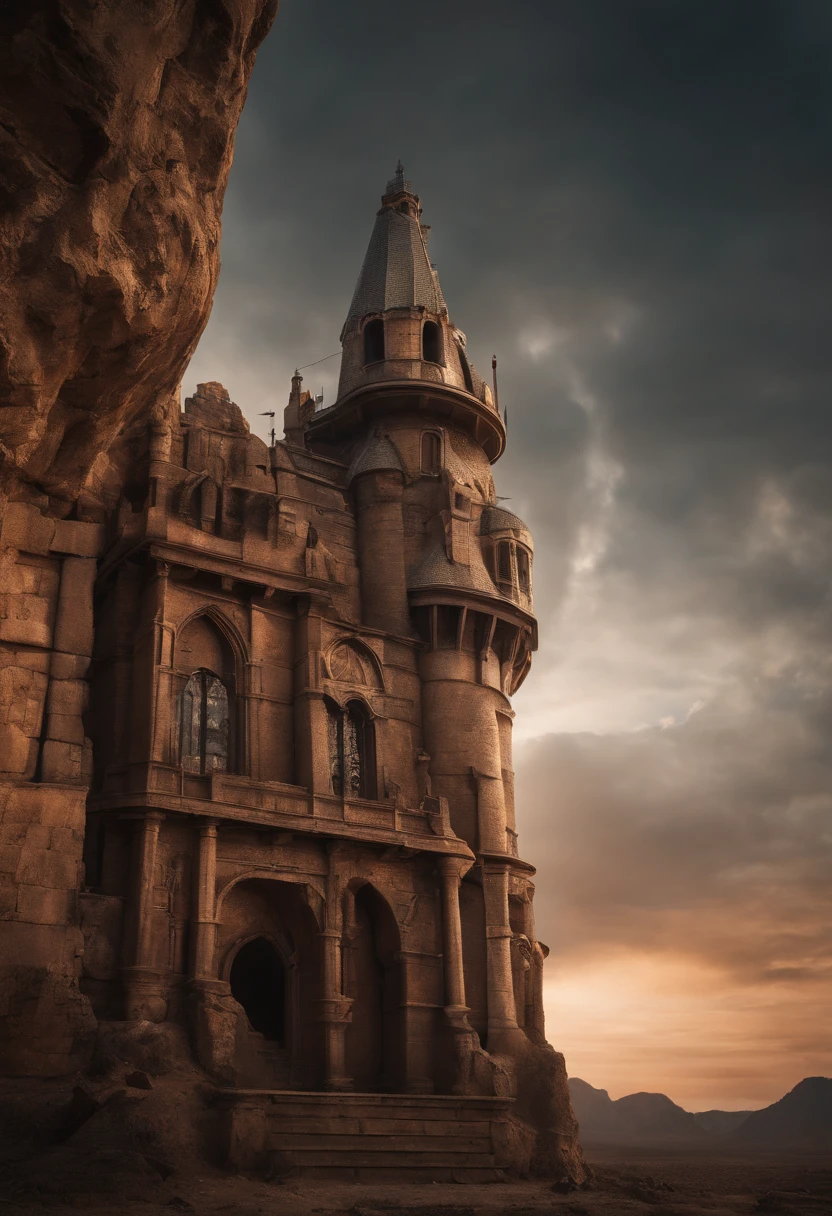 35mm camera lens,Wasteland,Huge mechanical moving castle,Stout limbs,dynamic blur,super-fine,ultra - detailed,high qulity,8K ,oc rendered,dynamic viewing angle,Hyper Real,Ultra photo realsisim