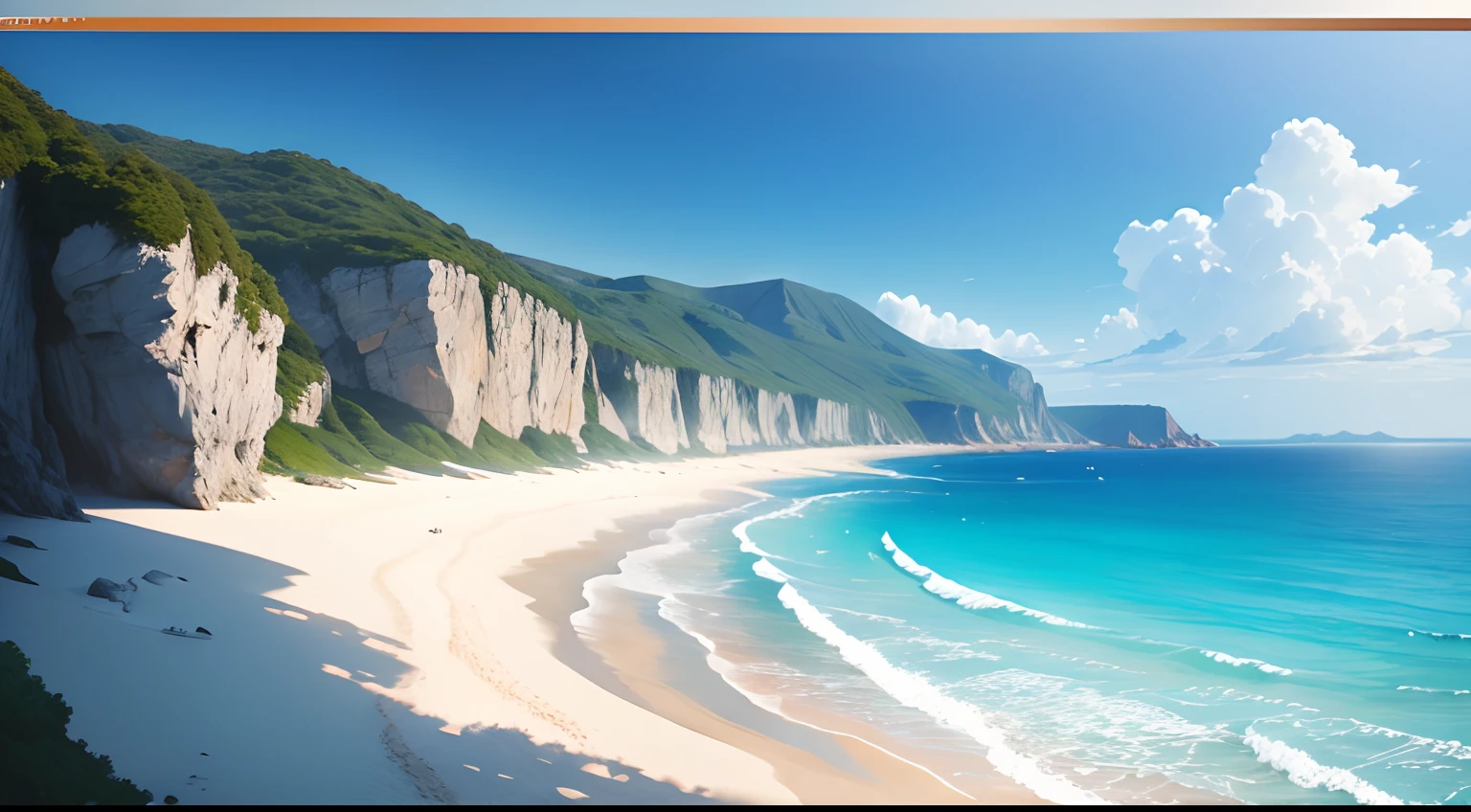 beach, blue sea, blue sky, ((ultra detailed)), high detailed, anime artstyle, side view