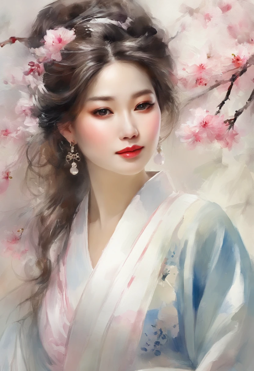 Woman in Japan kimono、Raise and tie your hair、Lots of hair ornaments、white backgrounid、Cherry blossoms fall、((​masterpiece、top-quality、ultra-definition、hight resolution))、、Bare neck and cleavage and shoulders、radiant eyes、perfect  eyes、Japan's beautiful sister、high-level image quality、4K、Detailed body、(illstration)、