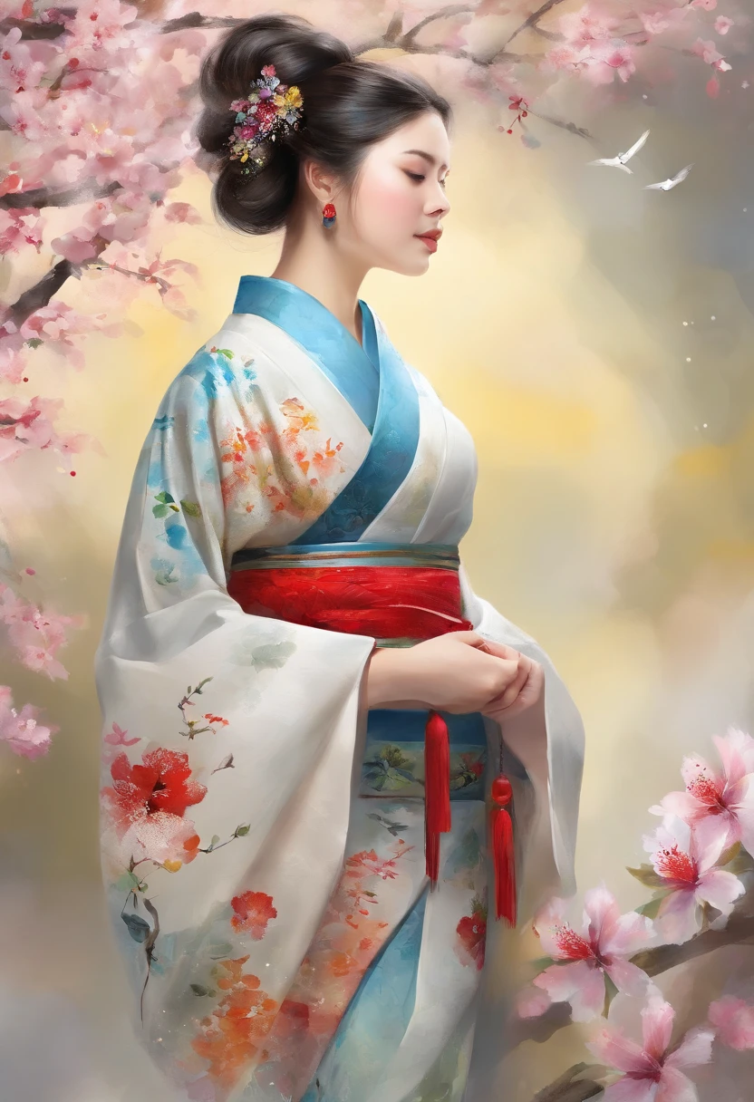 Woman in Japan kimono、Raise and tie your hair、Lots of hair ornaments、white backgrounid、Cherry blossoms fall、((masterpiece、top-quality、ultra-definition、hight resolution))、、Bare neck and cleavage and shoulders、radiant eyes、perfect eyes、Japan's beautiful sister、high-level image quality、4K、Detailed body、(illstration)、