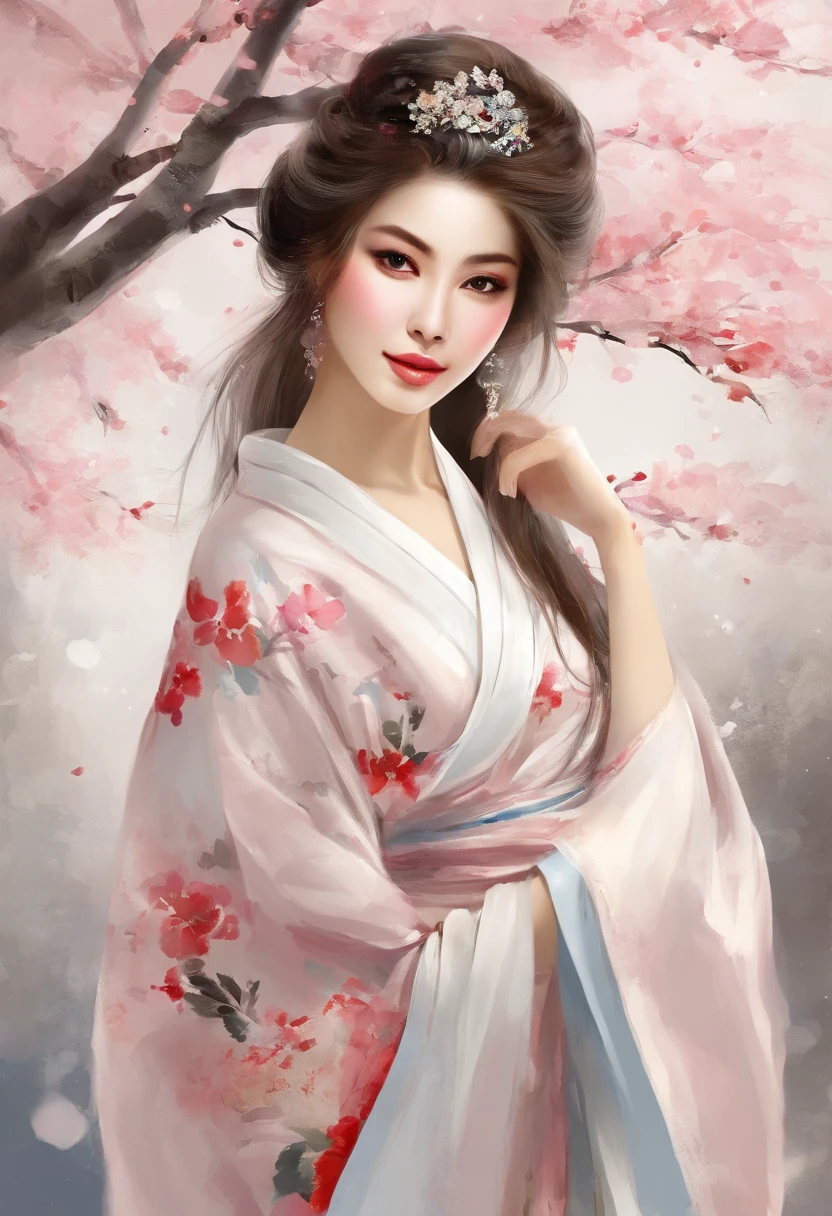 Woman in Japan kimono、Raise and tie your hair、Lots of hair ornaments、white backgrounid、Cherry blossoms fall、((​masterpiece、top-quality、ultra-definition、hight resolution))、、Bare neck and cleavage and shoulders、radiant eyes、perfect  eyes、Japan's beautiful sister、high-level image quality、4K、Detailed body、(illstration)、
