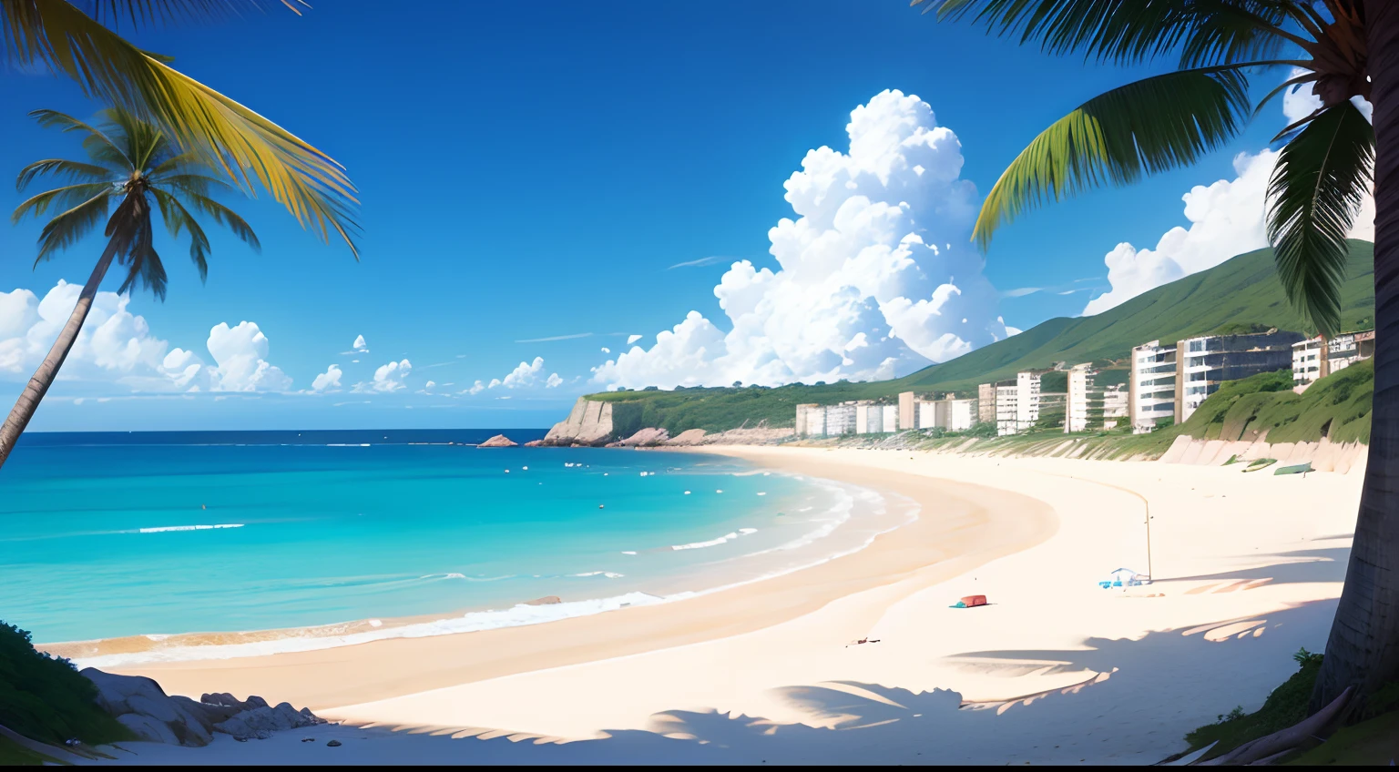 beach, blue sea, blue sky, ((ultra detailed)), high detailed, anime artstyle