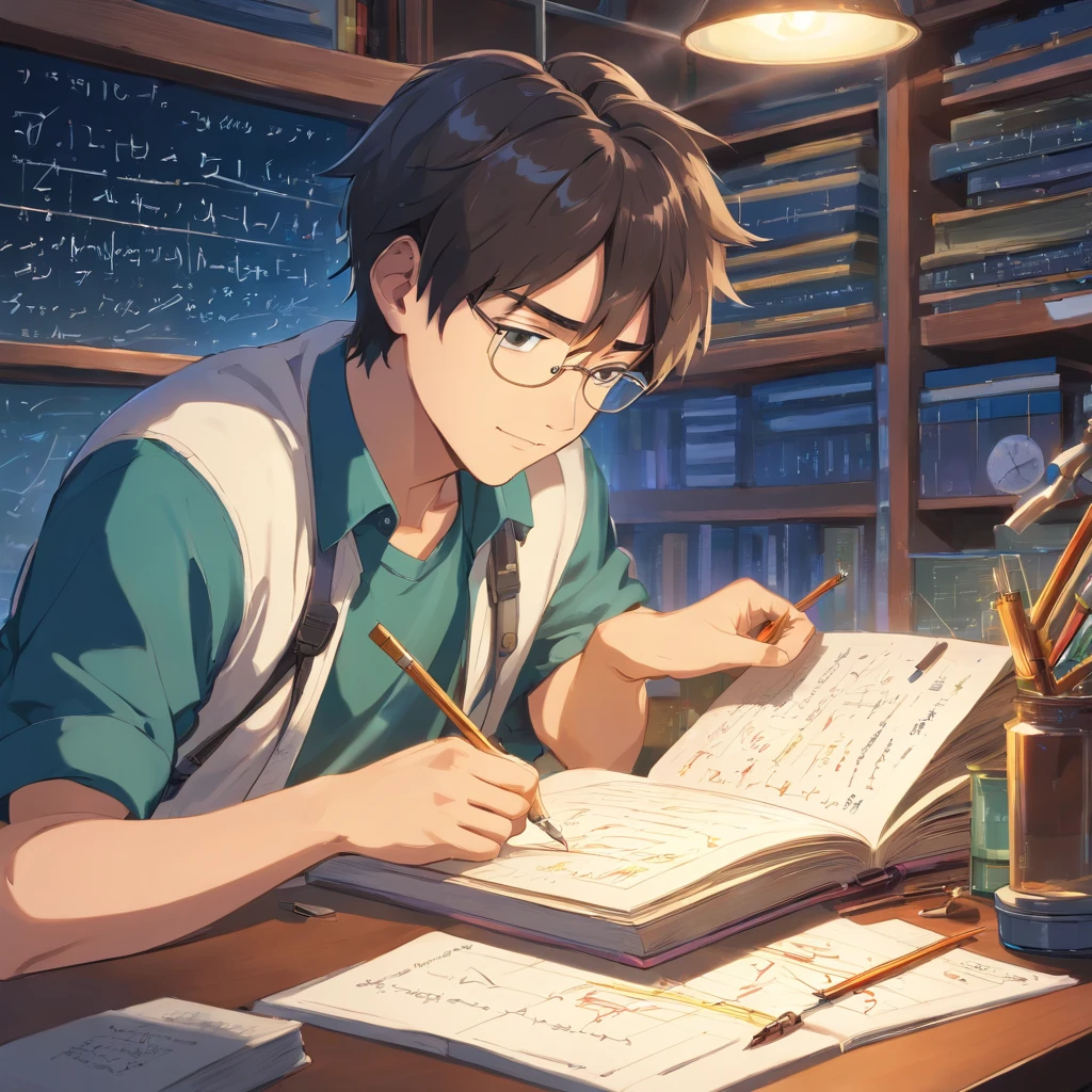 An energetic 23-year-old man, deeply immersed in the world of physics. Facing away the viewer. His eyes sparkle with curiosity and determination as he dives into complex equations and theories. With a focused gaze, he delves into scientific research in his state-of-the-art laboratory, surrounded by cutting-edge equipment and meticulously organized notebooks. The air is filled with an intense atmosphere of scientific inquiry and the scent of freshly brewed coffee fuels his restless mind. The room is bathed in a soft, warm light accentuating the precision of his scientific instruments. The walls are adorned with colorful posters illustrating fundamental concepts in physics, reminding him of his role in the greater scientific community. The monotonous sound of pen scratching on paper punctuates the silence, evidence of his relentless pursuit of knowledge. As his research progresses, his face lights up with excitement and joy, knowing that his work has the potential to reshape our understanding of the world. The vibrant colors of his surrounding environment reflect the intricacies and complexities of the physical world, reinforcing his awe and reverence for the laws of nature. Every detail of his face, from the graceful arch of his eyebrows to the slight smile dancing on his lips, radiates an undeniable sense of purpose and enthusiasm. The amalgamation of scientific instruments, books, and equations serves as the backdrop to his intellectual journey, providing an inspiring canvas for the exploration of fundamental truths. Together with his fellow researchers, he embarks on an extraordinary voyage towards scientific discovery, their collective efforts pushing the boundaries of our knowledge. The image quality is of the utmost importance, with every detail rendered in exquisite detail. The colors are vivid and rich, capturing the essence of the scientific pursuit.