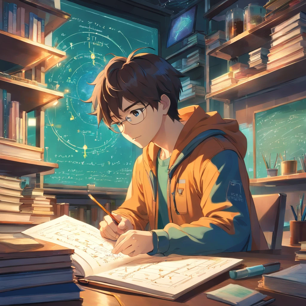 An energetic 23-year-old man, deeply immersed in the world of physics. Facing away the viewer. His eyes sparkle with curiosity and determination as he dives into complex equations and theories. With a focused gaze, he delves into scientific research in his state-of-the-art laboratory, surrounded by cutting-edge equipment and meticulously organized notebooks. The air is filled with an intense atmosphere of scientific inquiry and the scent of freshly brewed coffee fuels his restless mind. The room is bathed in a soft, warm light accentuating the precision of his scientific instruments. The walls are adorned with colorful posters illustrating fundamental concepts in physics, reminding him of his role in the greater scientific community. The monotonous sound of pen scratching on paper punctuates the silence, evidence of his relentless pursuit of knowledge. As his research progresses, his face lights up with excitement and joy, knowing that his work has the potential to reshape our understanding of the world. The vibrant colors of his surrounding environment reflect the intricacies and complexities of the physical world, reinforcing his awe and reverence for the laws of nature. Every detail of his face, from the graceful arch of his eyebrows to the slight smile dancing on his lips, radiates an undeniable sense of purpose and enthusiasm. The amalgamation of scientific instruments, books, and equations serves as the backdrop to his intellectual journey, providing an inspiring canvas for the exploration of fundamental truths. Together with his fellow researchers, he embarks on an extraordinary voyage towards scientific discovery, their collective efforts pushing the boundaries of our knowledge. The image quality is of the utmost importance, with every detail rendered in exquisite detail. The colors are vivid and rich, capturing the essence of the scientific pursuit.