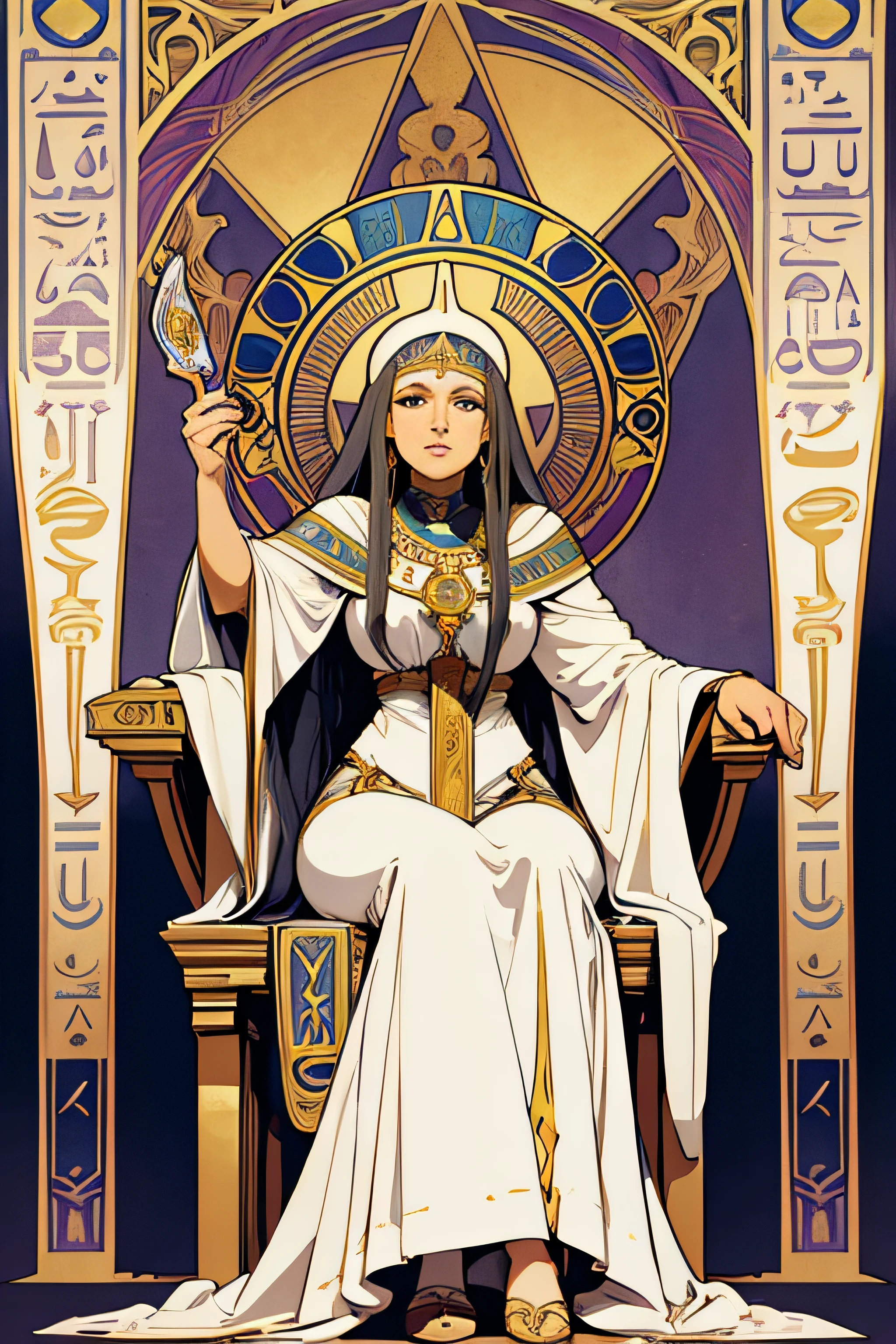 Tarot cards, High Priestess, Female Priestess, Long white robe, Egypt, art, Alphonse Mucha, Sit in a full-body chair., Sit face straight.