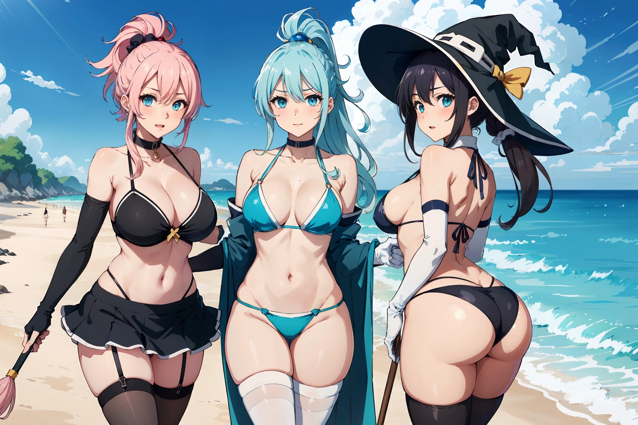 ((mature adult tall woman, mature_face)), (glowing aqua eyes), cat ears, narrow waist, gradient (pink hair), large breasts, large areolae, (oily skin) ,
aqua_(konosuba), darkness_(konosuba), multiple_women, hat, bandages, witch_hat, pink_hair, bandaged_leg, mature 3girls, thighhighs, long_hair, breasts, ponytail, fingerless_gloves, blue_eyes, bikini, gloves, hair_ornament, blue_hair, black_legwear, long_legs, swimsuit, hair_rings, open_mouth, day, big ass, staff, single_thighhigh, collar, large_breasts, black_hair, skirt, holding, orange_footwear, x_hair_ornament, black_gloves, rating:questionable, bare_shoulders, button_eyes, short_hair, small_breasts, detached_sleeves, choker, short_hair_with_long_locks, bow, collarbone, outdoors, braid, back, smile, blush, bikini_top, sidelocks, white_legwear, holding_staff, frills, no_panties, beach, sky, navel