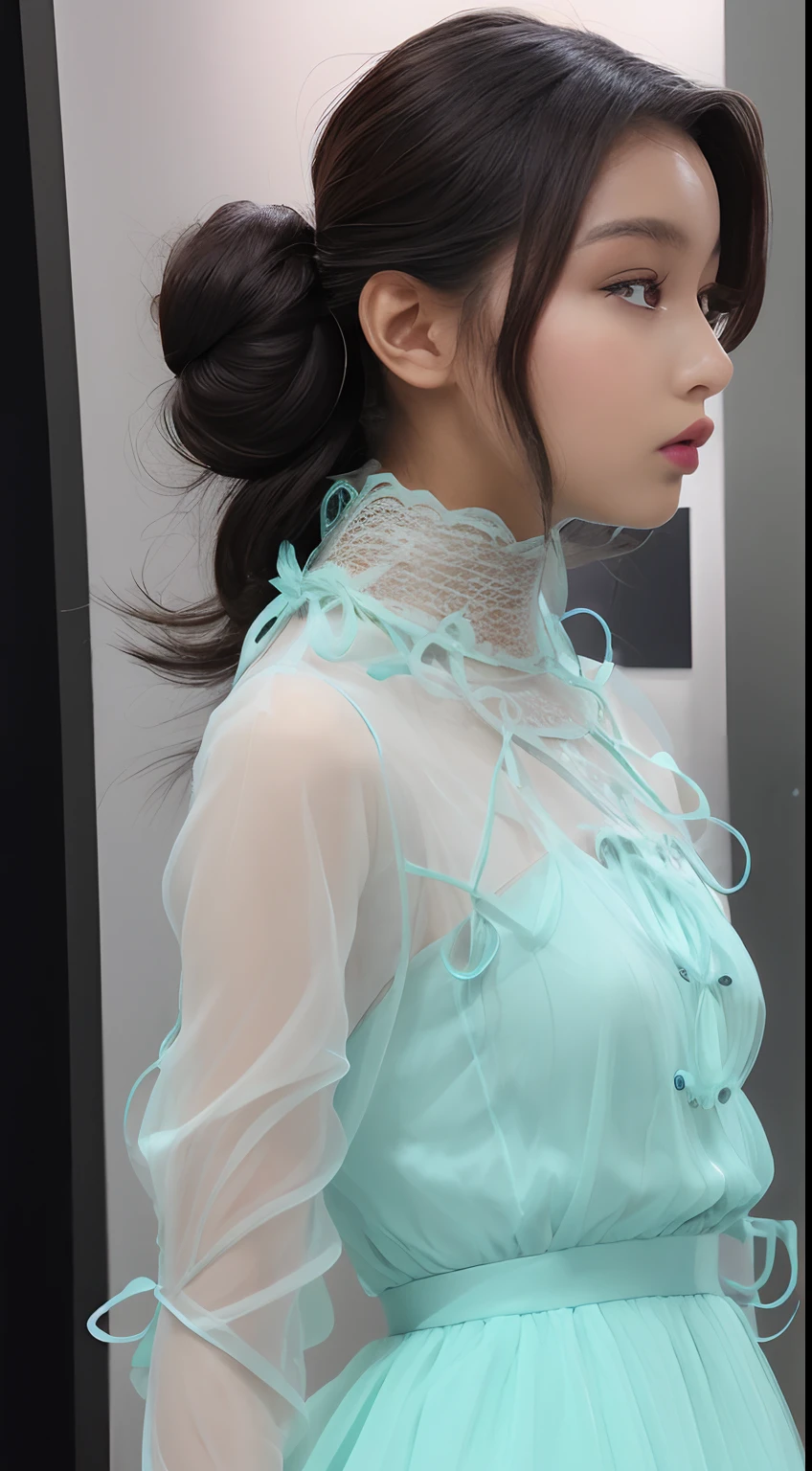 one African model ,Unique hair details, futuristic dress in the style of virtual and augmented reality, industrial and product design, transparent/translucent medium, full body shot, Hi fashion photo, at Shibuya city, Winter, detailed eyes, double eyelid, plump lips, bun hair, professional makeup, hyper res