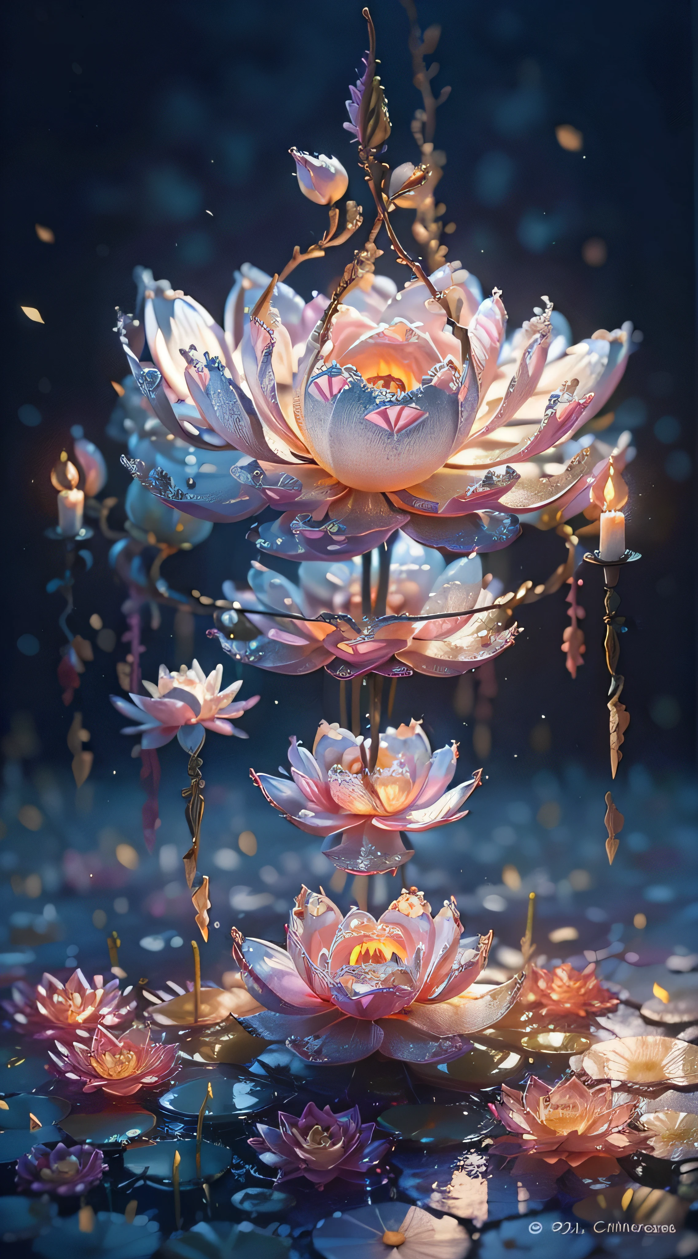 A lotus lantern,white blossoms,petals
