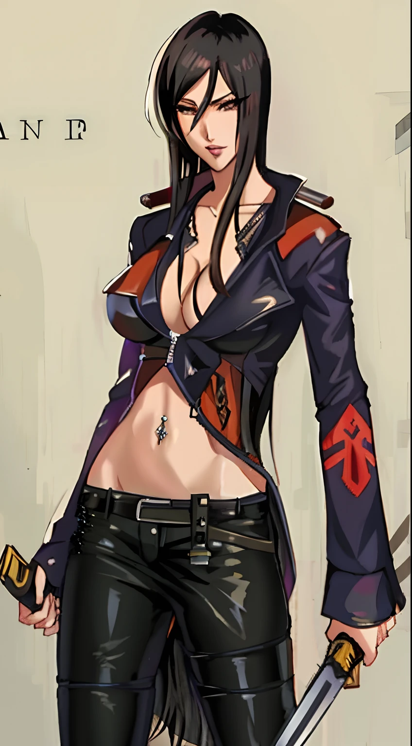 a woman with a sword and a jacket on holding two knives, nico robin, seductive tifa lockhart portrait, tifa lockheart, tifa, tifa lockhart, glamorous tifa lockheart, portrait of tifa lockhart, tifa lockhart portrait, style ivan talavera and artgerm, anime woman fullbody art, style is a blend of æon flux, navel piercing