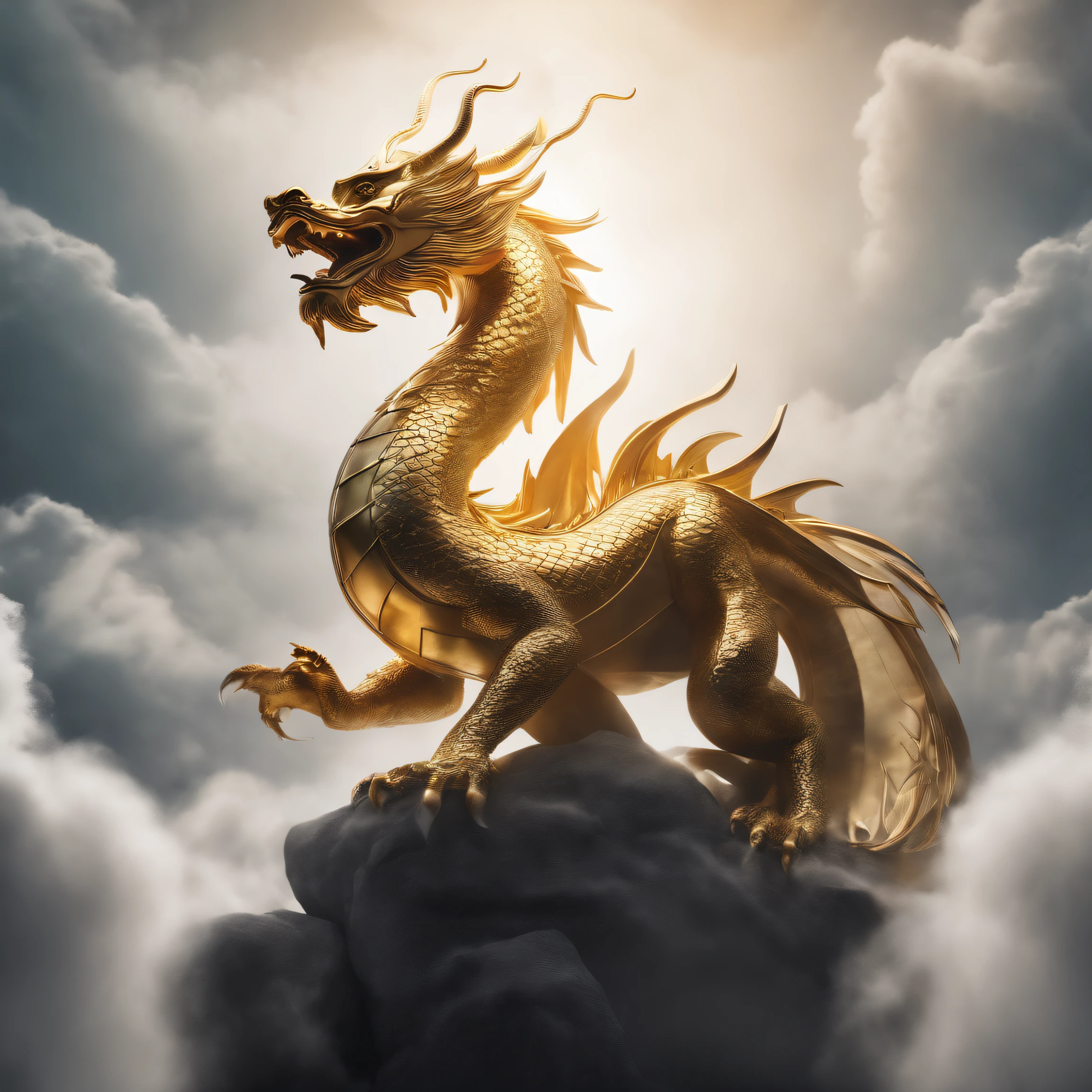 A logo、masterpiece、(white backgrounid:1)、Golden Chinese dragon surrounded by white clouds、Crystal background、the wind、Deities、long wavy body、tusk、The upper part of the body、Fantasia、myth、hightquality、ighly detailed、masterpiece、epic poem、Particle effect、Dynamic effects