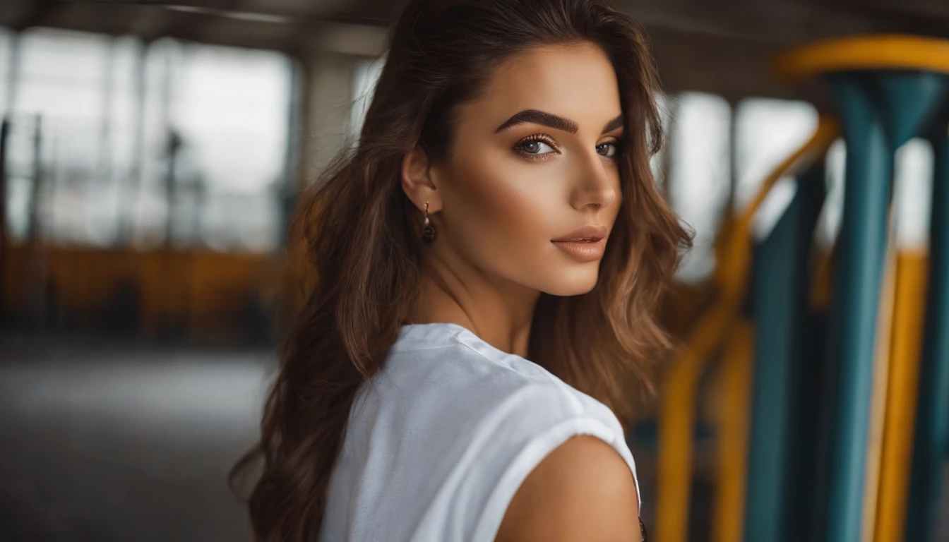 Femme Arafat en streetwear assorti, fille sexy aux yeux bruns, Portrait Sophie Mudd, cheveux bruns et grands yeux, Selfie de jeune femme, Yeux de chambre, Purple Myers, pas de maquillage, maquillage naturel, Look directly into the camera, Visage avec Artgram, Maquillage subtil, Superbe photo du corps entier , dans un gymnase, clivage