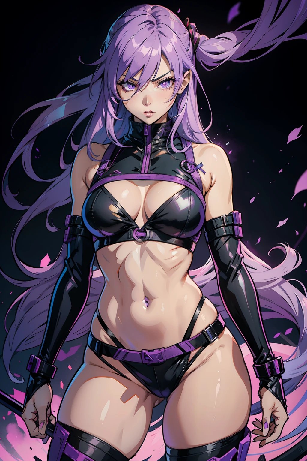 Create Lucy grom the anime series Ninja Slayer  as a young woman with a striking appearance, featuring long, lavender-colored hair and vibrant purple eyes. Lucy typically wears a revealing and provocative outfit, consisting of a purple bikini top, short black shorts, thigh-high stockings, and thigh-high black boots. Her attire showcases her confident and assertive personality.