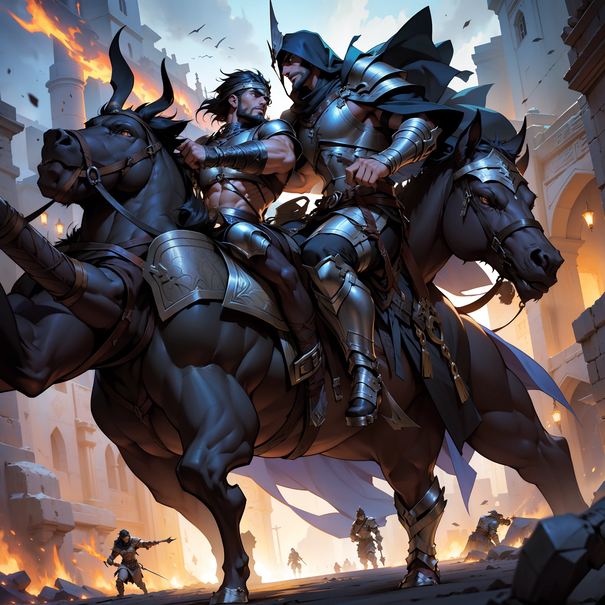 Darksiders style Moroccan warrior ultra detailed muscular warrior wearing Islamic armor carry medieval war battle environment medieval atmosphere moroccans men fight each other10 characters fighting in scene scene legendary epic movie hyper realistic super detailed poses super detailed super detailed poses super detailed correct proportions full proportions Anatomy