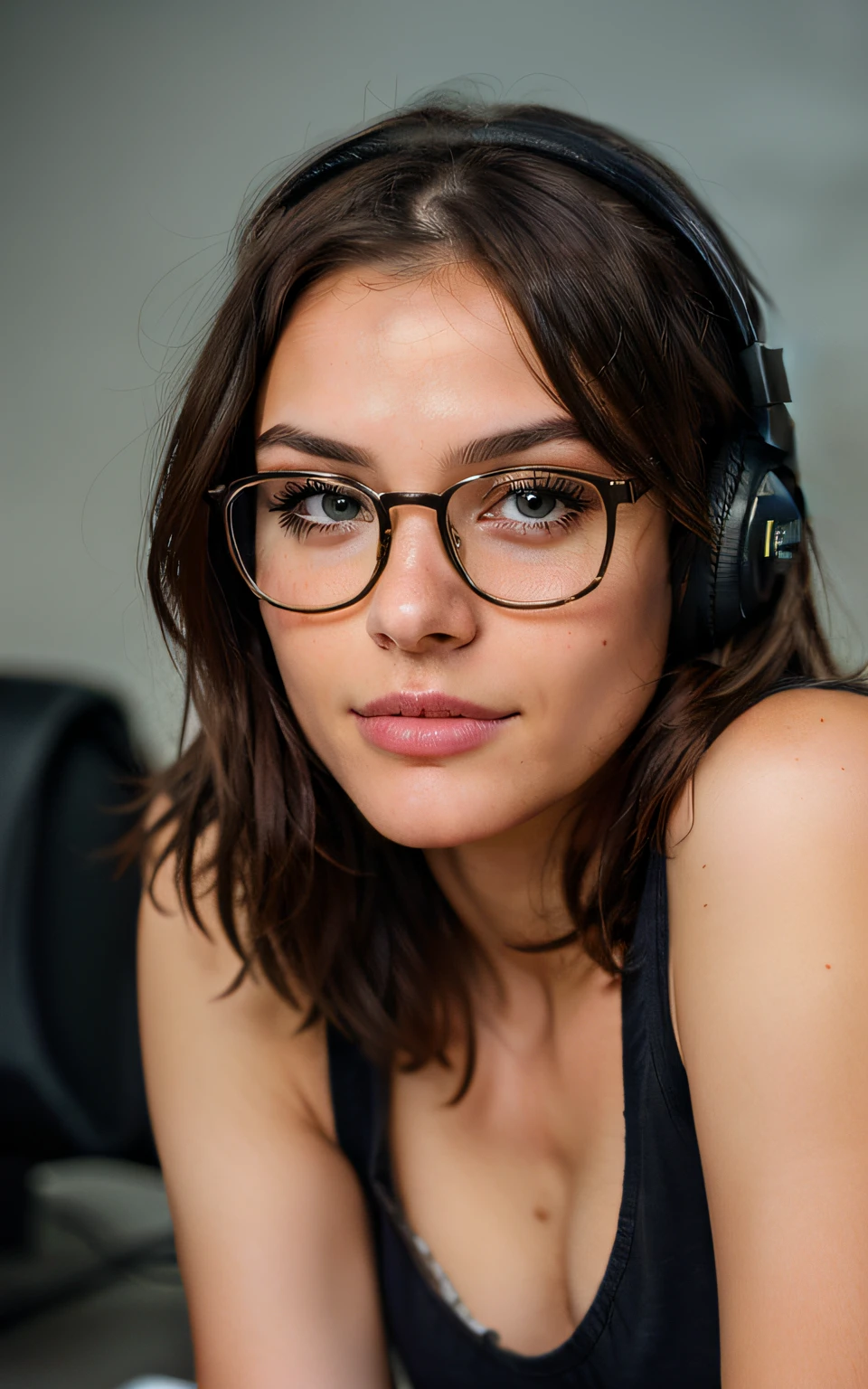cute beautiful brunette, wearing glasses and headphones, gamer girl, indoors, very detailed, 22 years old, flirty face, short hair, brown eyes, high-res, masterpiece, best quality, intricate details, highly detailed, sharp focus, detailed skin, realistic skin texture,detailed eyes, professional, 4k, smile, shot on Canon, 85mm,shallow depth of field, kodak vision color, eyeshadow, extremely detailed, photo_\(ultra\), photorealistic, realistic, post-processing, max detail, roughness, real life, ultra realistic, photorealism, photography, 8k uhd, photography,
