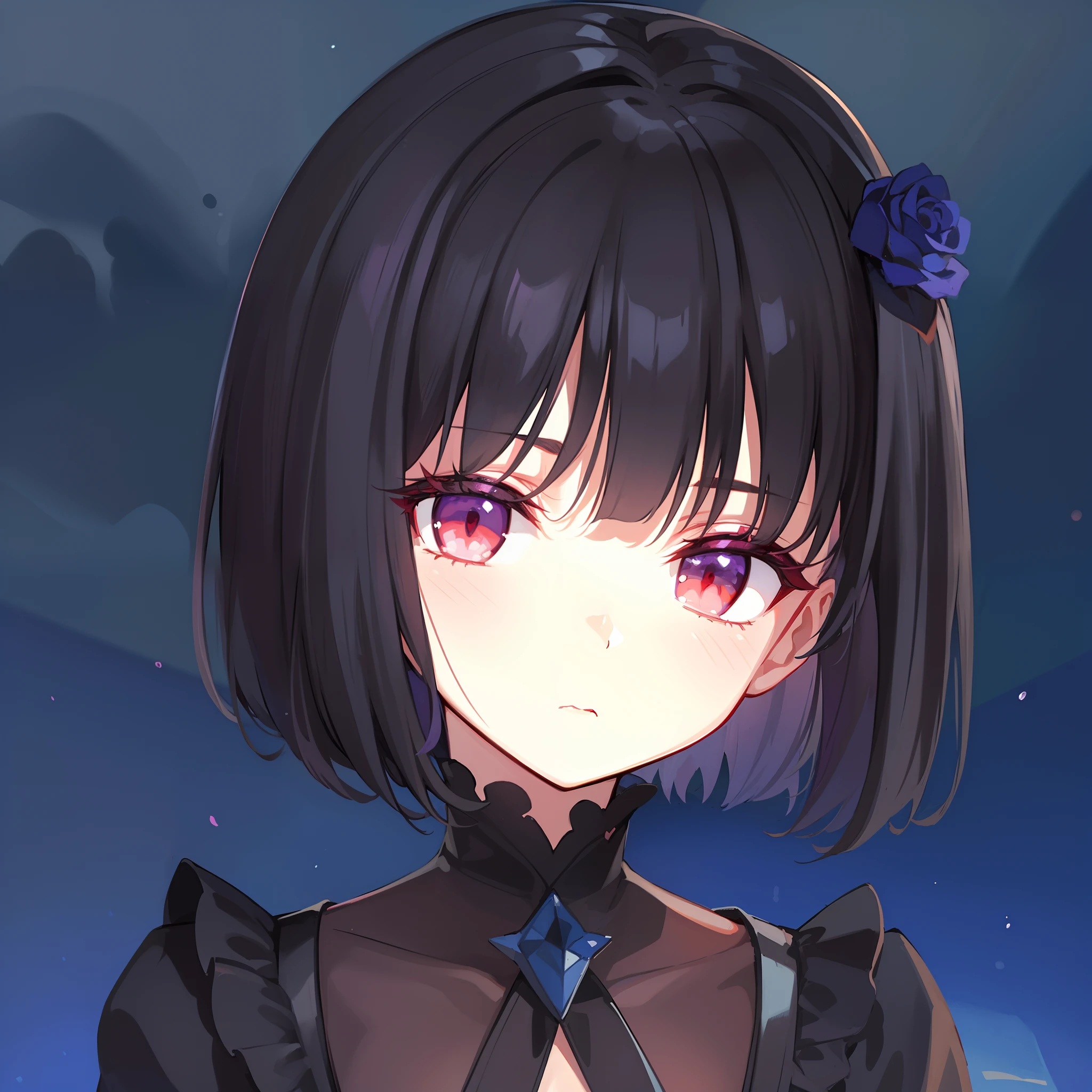 hiquality, tmasterpiece (one girls). dark short hair. purple rose on hair. Dark gothic outfit. red-eyes. An indifferent face. Narrow mouth. against the background of the night sky