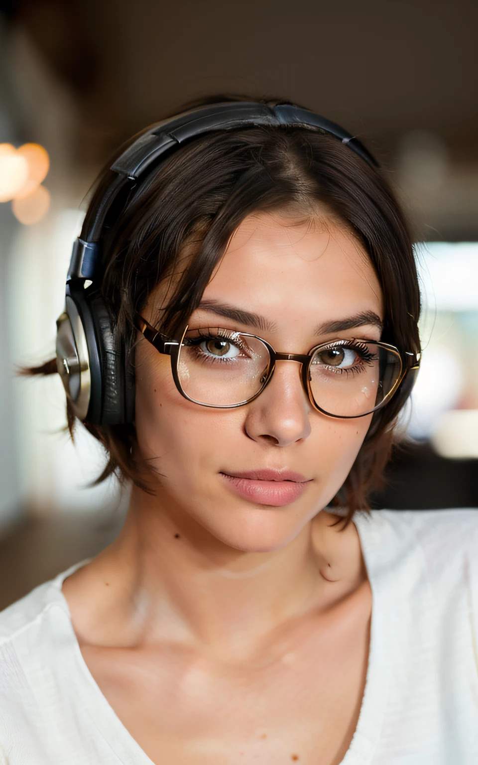 cute beautiful brunette, wearing glasses and headphones, gamer girl, indoors, very detailed, 22 years old, flirty face, short hair, brown eyes, high-res, masterpiece, best quality, intricate details, highly detailed, sharp focus, detailed skin, realistic skin texture,detailed eyes, professional, 4k, smile, shot on Canon, 85mm,shallow depth of field, kodak vision color, eyeshadow, extremely detailed, photo_\(ultra\), photorealistic, realistic, post-processing, max detail, roughness, real life, ultra realistic, photorealism, photography, 8k uhd, photography,