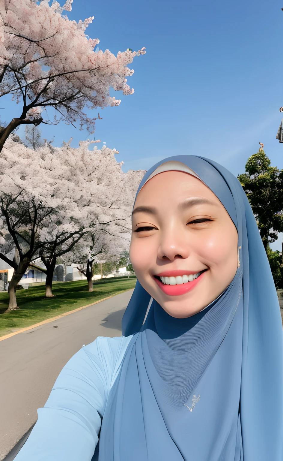 Masterpiece:1.2, high quality, best quality, high resolution, detailed, hyper realistic, 1 malay girl in hijab, blue eyes, head tilt, sunset, birds flying, cherry blossom, Portrait, closed eyes, smile, showing teeth,  (detailed face), ((sharp focus)), ((face)), upper_body