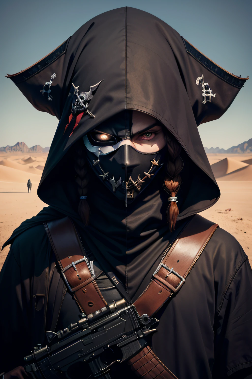 Dark Art Dark Web Evil Pirate,Using an anonymous mask, in the desert, porte un ak47, darkness,obscur,4K