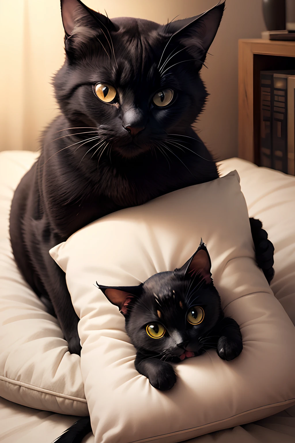Cute black cat, With pillow.