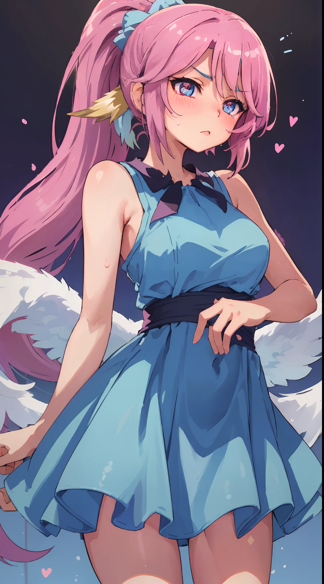 Jibril, upper body, blushed, perfect anatomy, detailed eyes, detailed lips, extremely detailed eyes and face, vivid colors, sharp focus, masterpiece:1.2, ultra-detailed, blushed, ((doggystyle)), (solo), ((blue dress)), sleeveless, (ponytail), ((disdain, disgust)), looking at viewer, simple background, (((standing straight)))