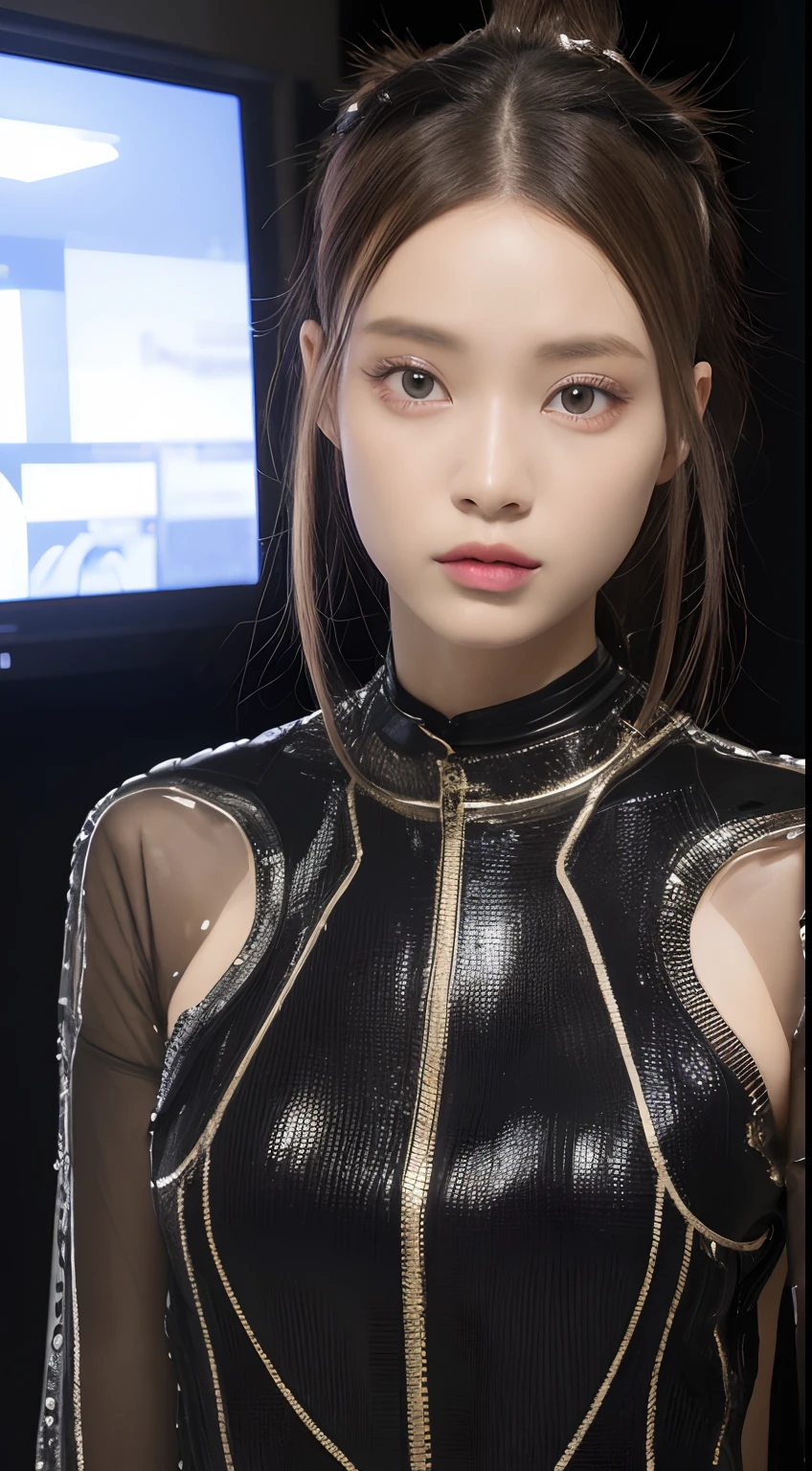 one African model ,Unique hair details, futuristic dress in the style of virtual and augmented reality, industrial and product design, transparent/translucent medium, full body shot, Hi fashion photo, at Shibuya city, Winter, detailed eyes, double eyelid, plump lips, bun hair, professional makeup, hyper res