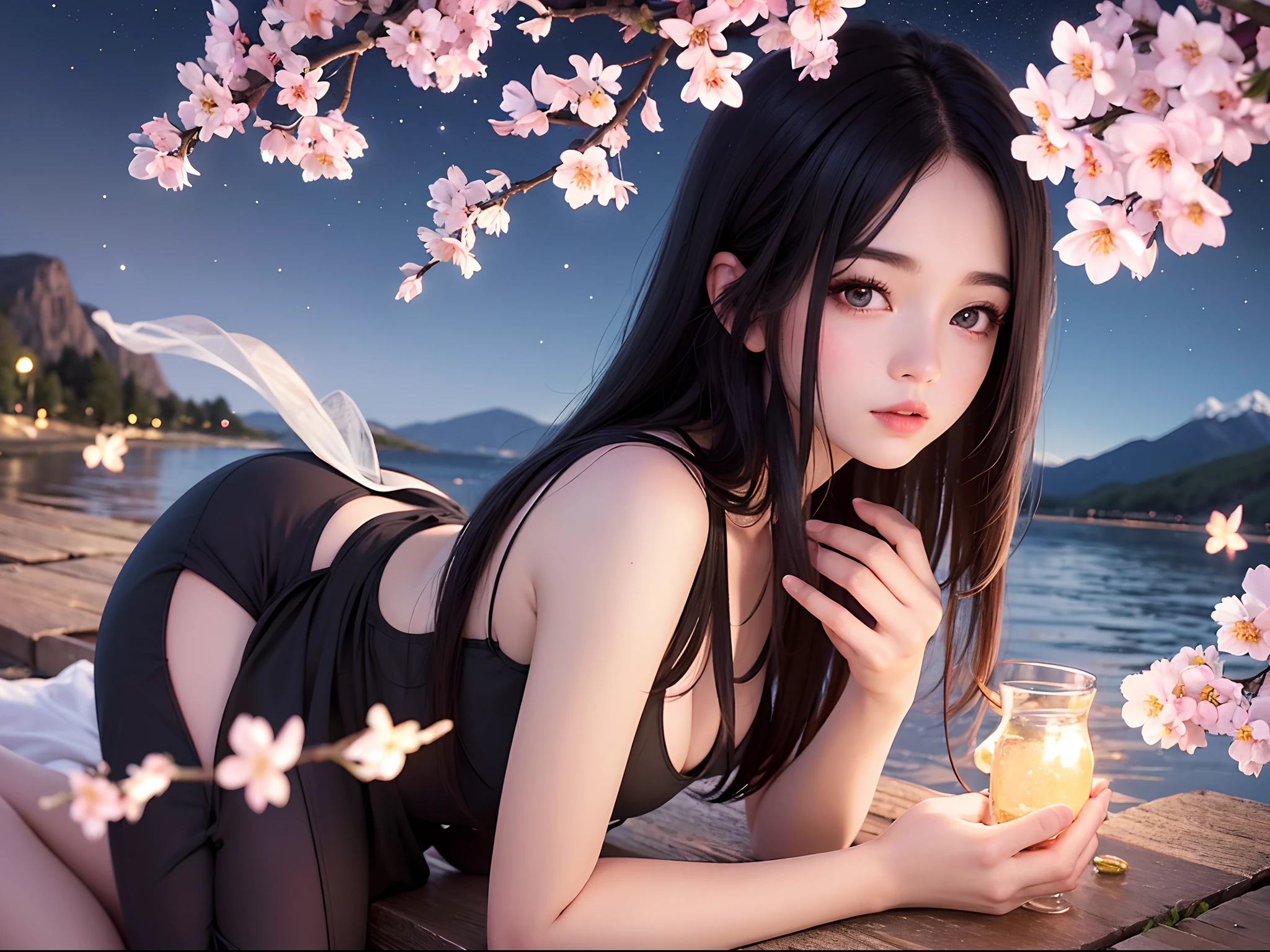 Masterpiece, Best quality, Night, Mountain, full moon, Long black hair, woman, Firefly, stars, Mysterious cherry blossom trees, Pink leaves, High quality, Beautiful graphics, High detail
