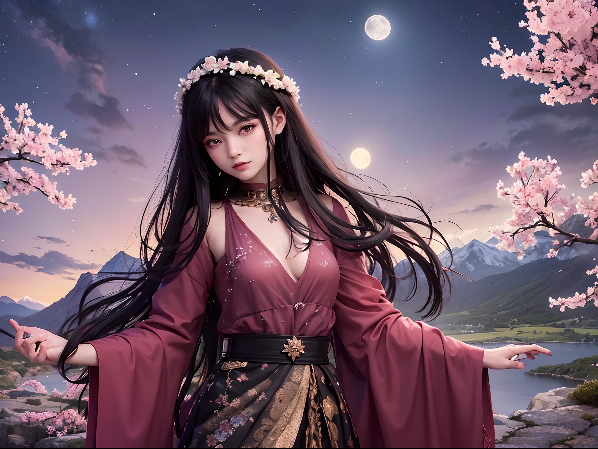 Masterpiece, Best quality, Night, Mountain, full moon, Long black hair, woman, Firefly, stars, Mysterious cherry blossom trees, Pink leaves, High quality, Beautiful graphics, High detail