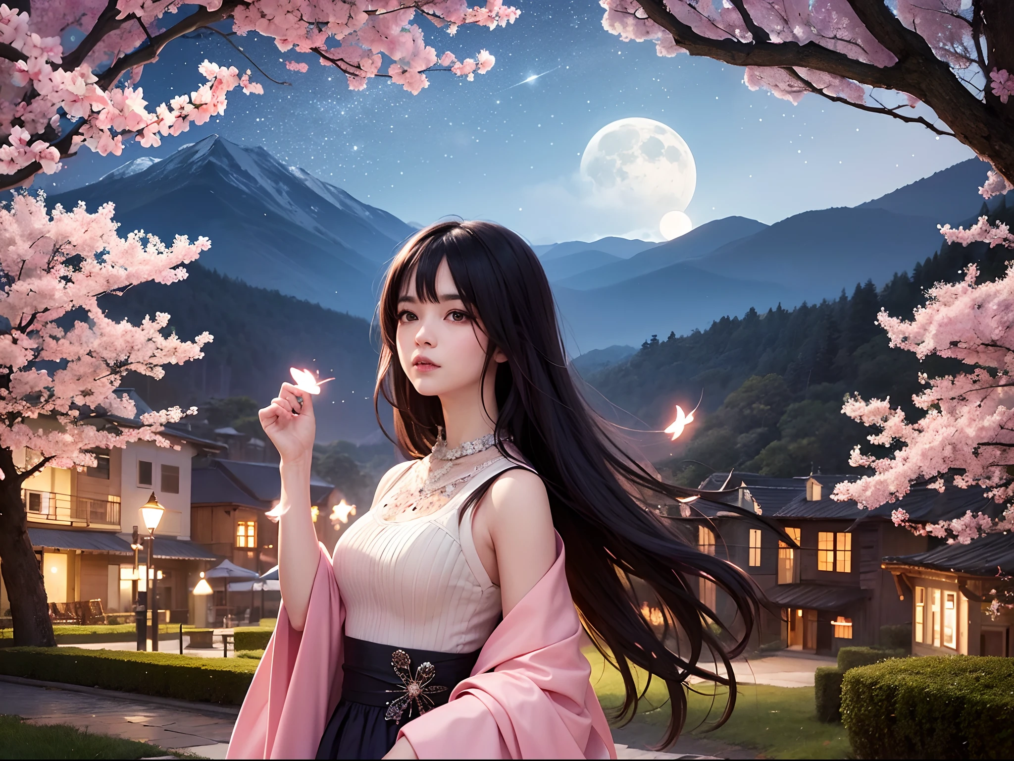 Masterpiece, Best quality, Night, Mountain, full moon, Long black hair, woman, Firefly, stars, Mysterious cherry blossom trees, Pink leaves, High quality, Beautiful graphics, High detail