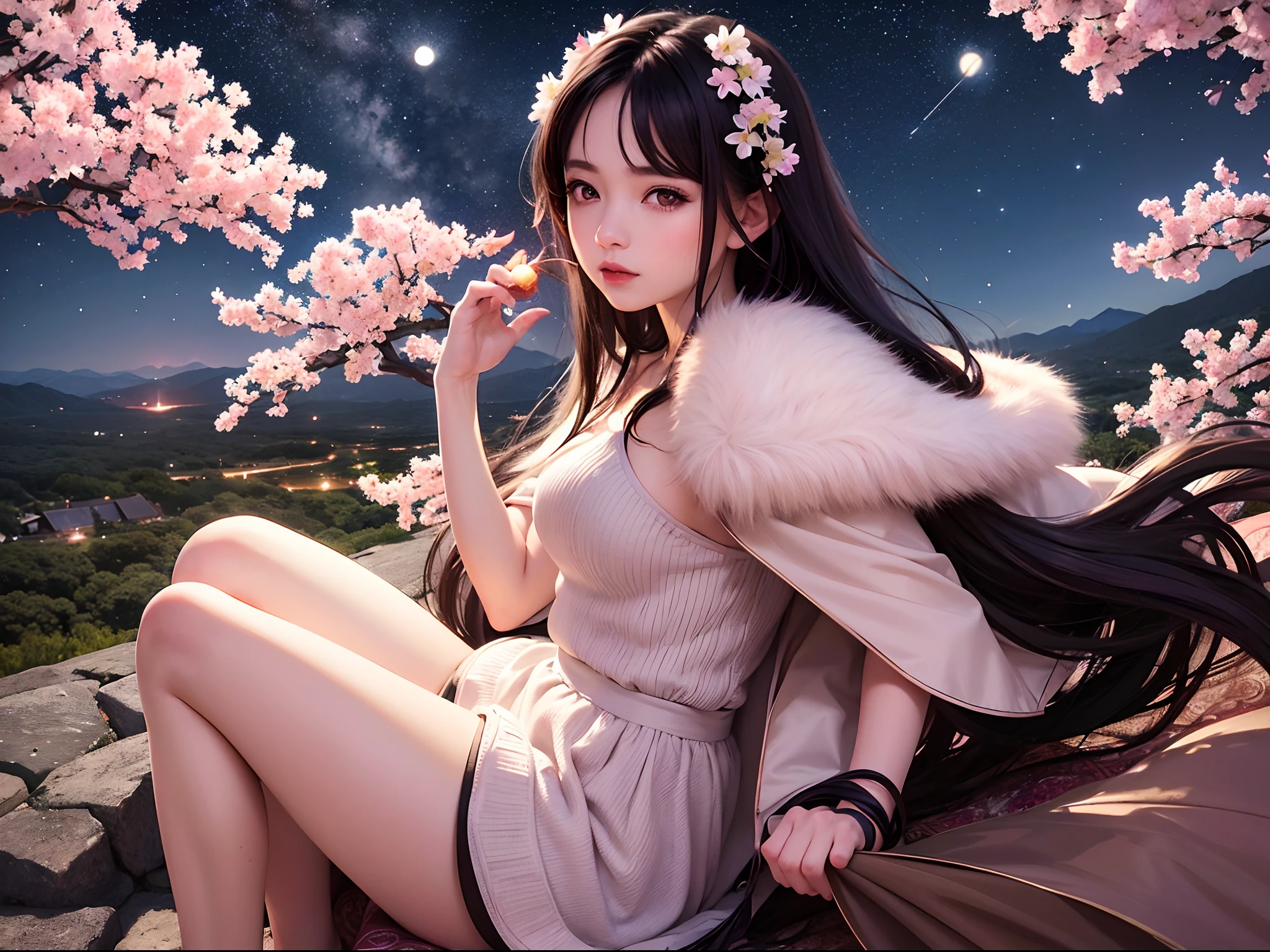 Masterpiece, Best quality, Night, Mountain, full moon, Long black hair, woman, Firefly, stars, Mysterious cherry blossom trees, Pink leaves, High quality, Beautiful graphics, High detail