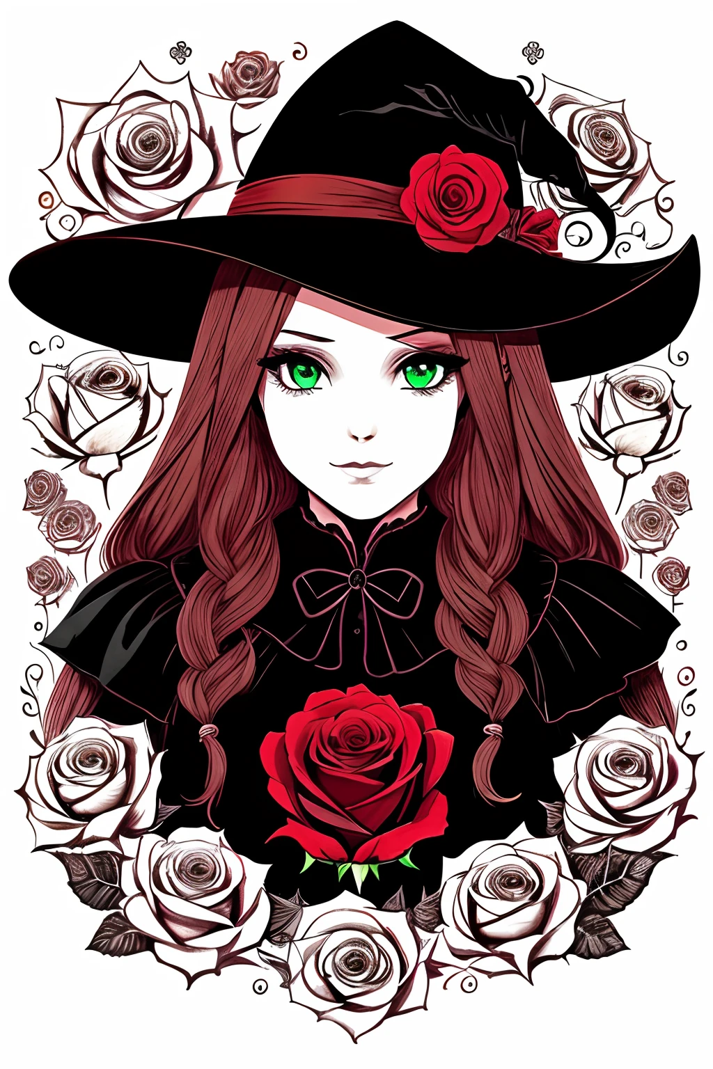 Obra maestra, superlativo, beautiful women witch, feminine , solamente, Halloween cute , roses drawing background, only roses flowers filled with red color, fondo blanco, monocromo, line drawing, ((bosquejo)), spooky, black cat with fill with green eyes, all of the drawing with black line up except roses and cat eyes --auto