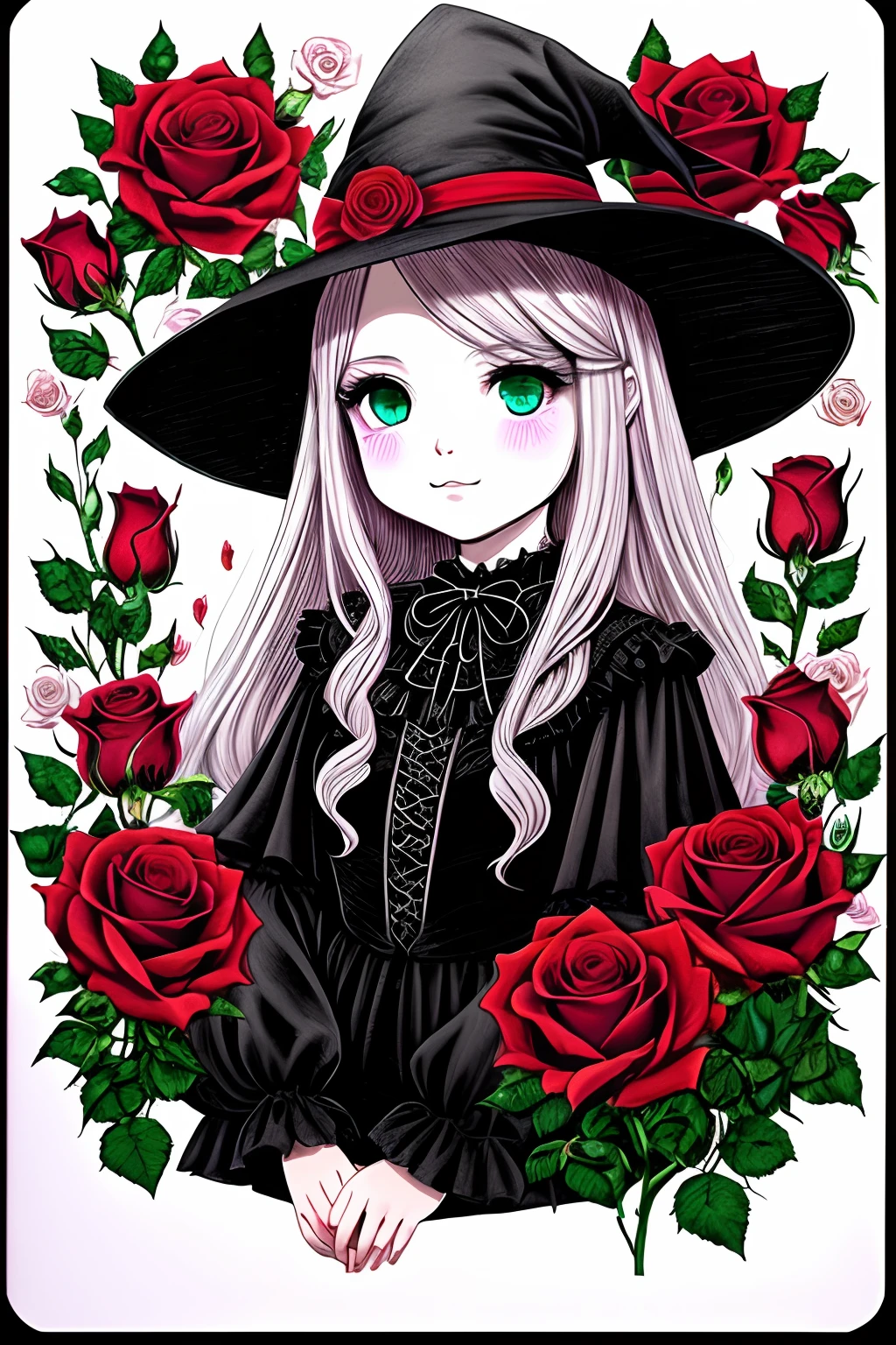 Obra maestra, superlativo, beautiful women witch, feminine , solamente, Halloween cute , roses drawing background, only roses flowers filled with red color, fondo blanco, monocromo, line drawing, ((bosquejo)), spooky, black cat with fill with green eyes, all of the drawing with black line up except roses and cat eyes --auto