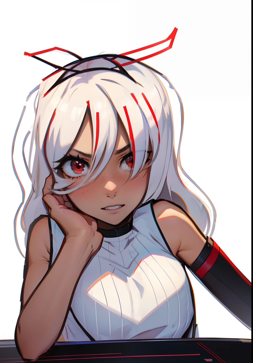 Close-up of a woman, sadistic expression, hand on cheek, anticipating, introduction, video game character design, video game character design, maple story gun girl, anime style, 1 girl, half body, modern, long hair, white hair, idol, white sleeveless crop top, red eyes, black chocker, red bow on top, wavy hair, sadistic expression, white shirt, white background, character sheet, fashionable, looking to viewer