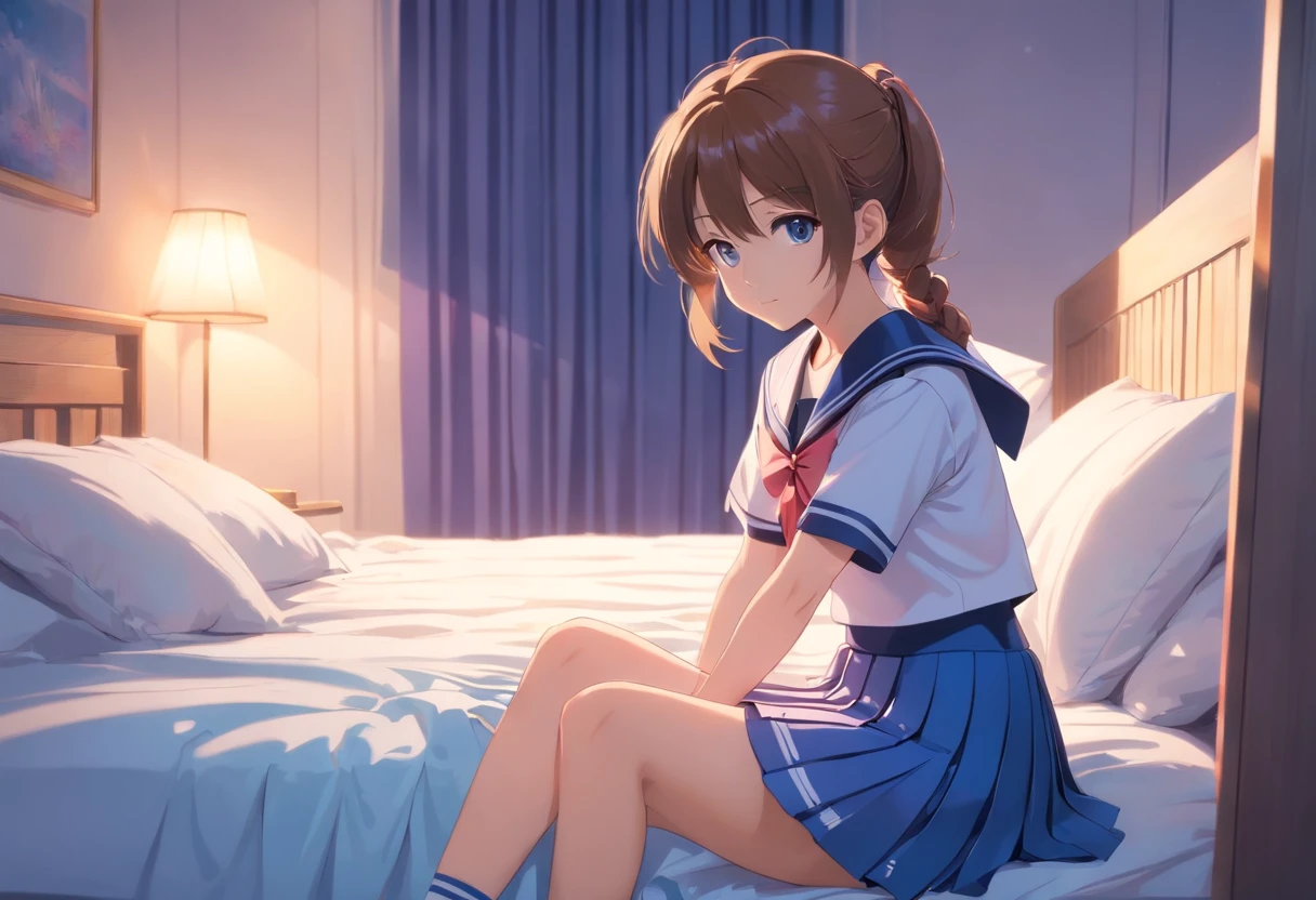 Beautiful illustration、top-quality、 girl with brown ponytail and medium hair tied with purple elastic. Her S is very small. Her eyes are dark blue、on the beds、(((light blue pleated skirt)))、(((a sailor suit)))、shortsleeves、Small、Flipping up the skirt with your hands、Knee sock feet、on the beds、lovely thighs、glowing thigh
