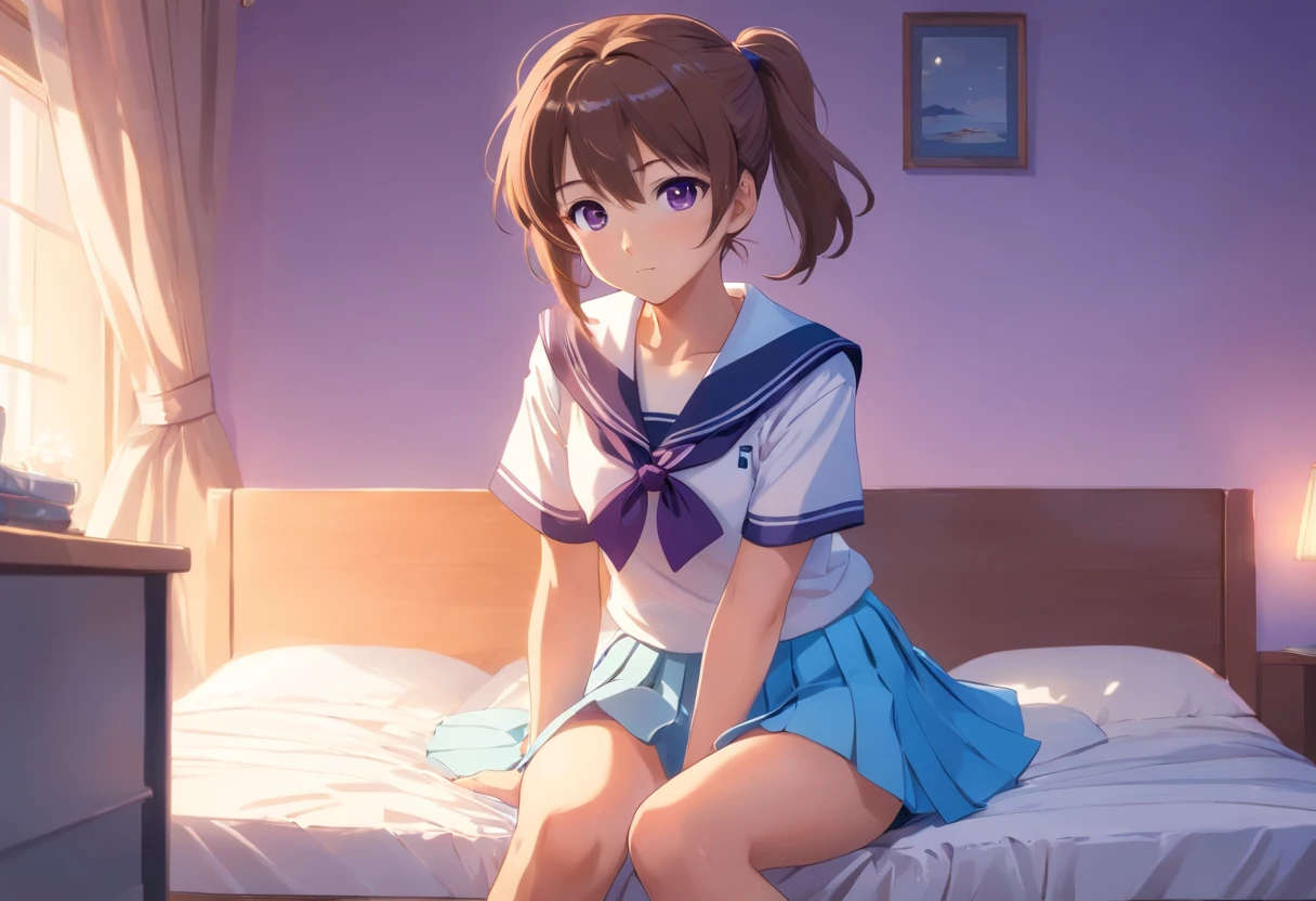 Beautiful illustration、top-quality、 girl with brown ponytail and medium hair tied with purple elastic. Her S is very small. Her eyes are dark blue、on the beds、(((light blue pleated skirt)))、(((a sailor suit)))、shortsleeves、Small、Flipping up the skirt with your hands、Knee sock feet、on the beds、lovely thighs、glowing thigh