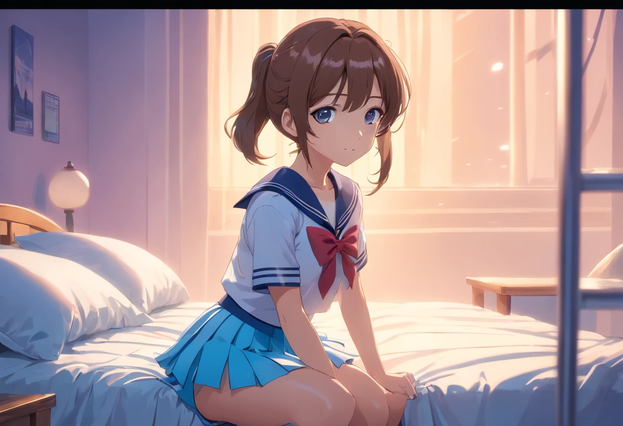 Beautiful illustration、top-quality、 girl with brown ponytail and medium hair tied with purple elastic. Her S is very small. Her eyes are dark blue、on the beds、(((light blue pleated skirt)))、(((a sailor suit)))、shortsleeves、Small、Flipping up the skirt with your hands、Knee sock feet、on the beds、lovely thighs、glowing thigh