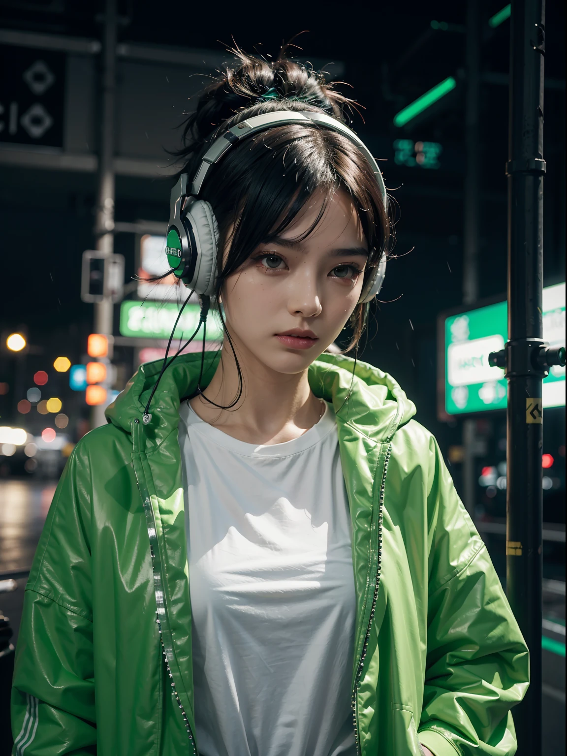 Cyberpunk girl, futuristic background with green lights, rainy punk city, cyber full moon, headphones, machanical body parts, best quality, wearing a long jacket with white T-shirt