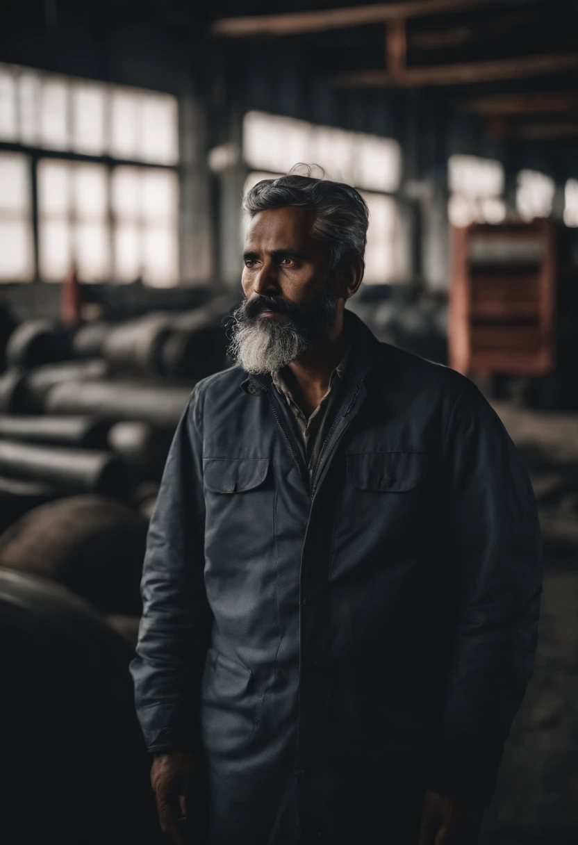 young pale Nepalese man with a gray beard at a diesel factory site, wearing an immersive spiderman suit