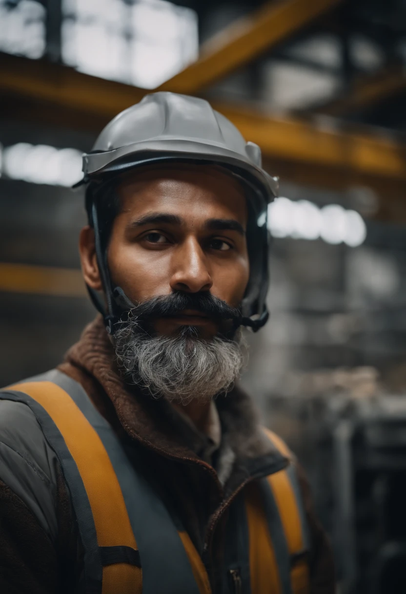 young pale Nepalese man with a gray beard at a diesel factory site, wearing an immersive spiderman suit